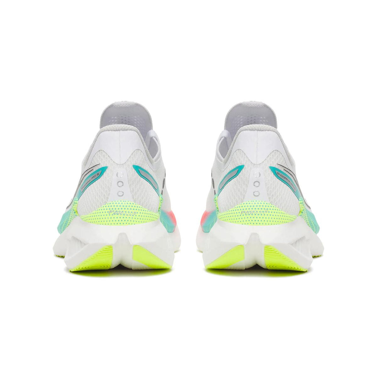 Men's Saucony Endorphin Pro 5 Running Shoes White Multi heel view showing dual-layer PWRRUN foam stack with aggressive slotted carbon fibre plate for elite marathon racing