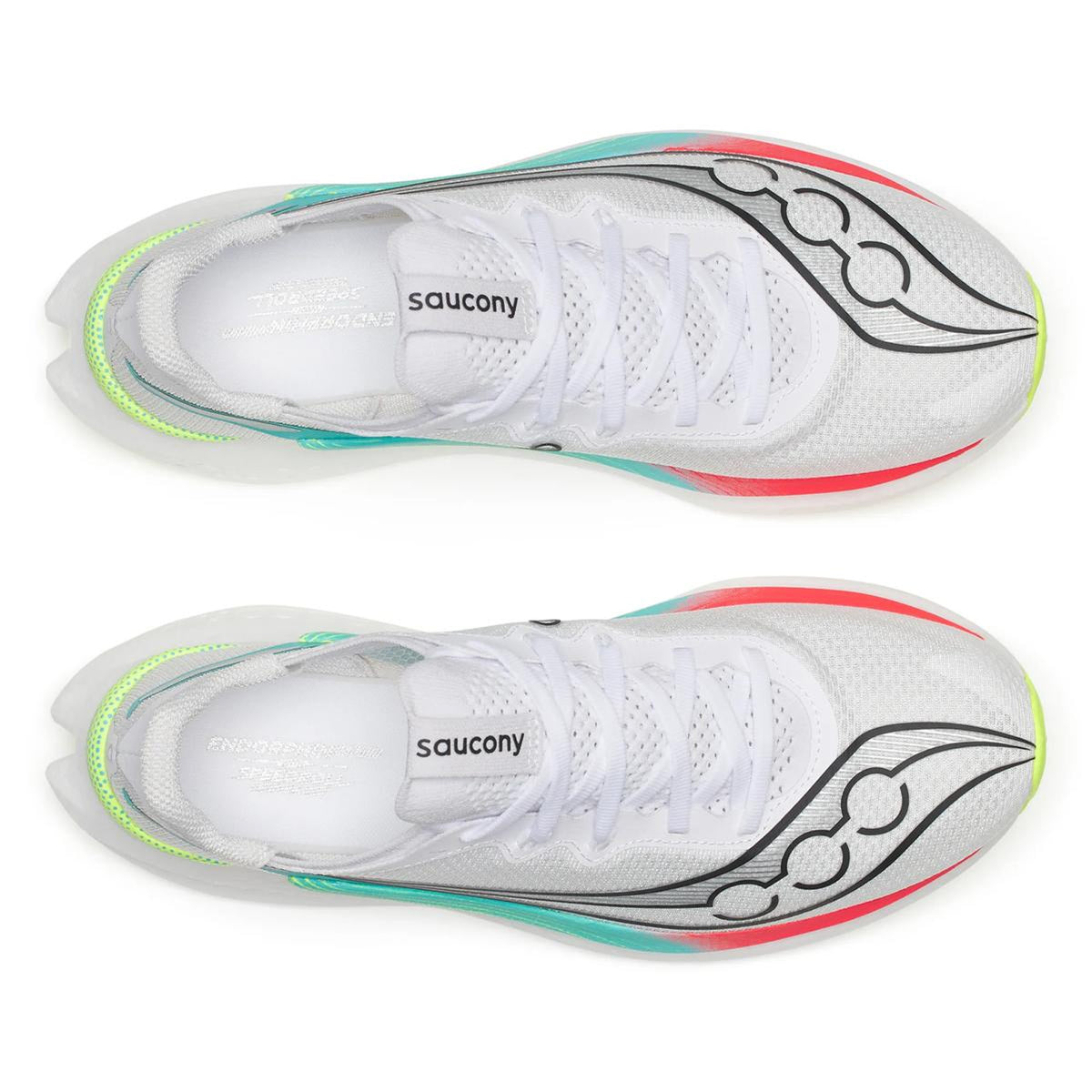 Men's Saucony Endorphin Pro 5 Running Shoes White Multi top view showing lightweight racing upper construction with carbon-plated super shoe design