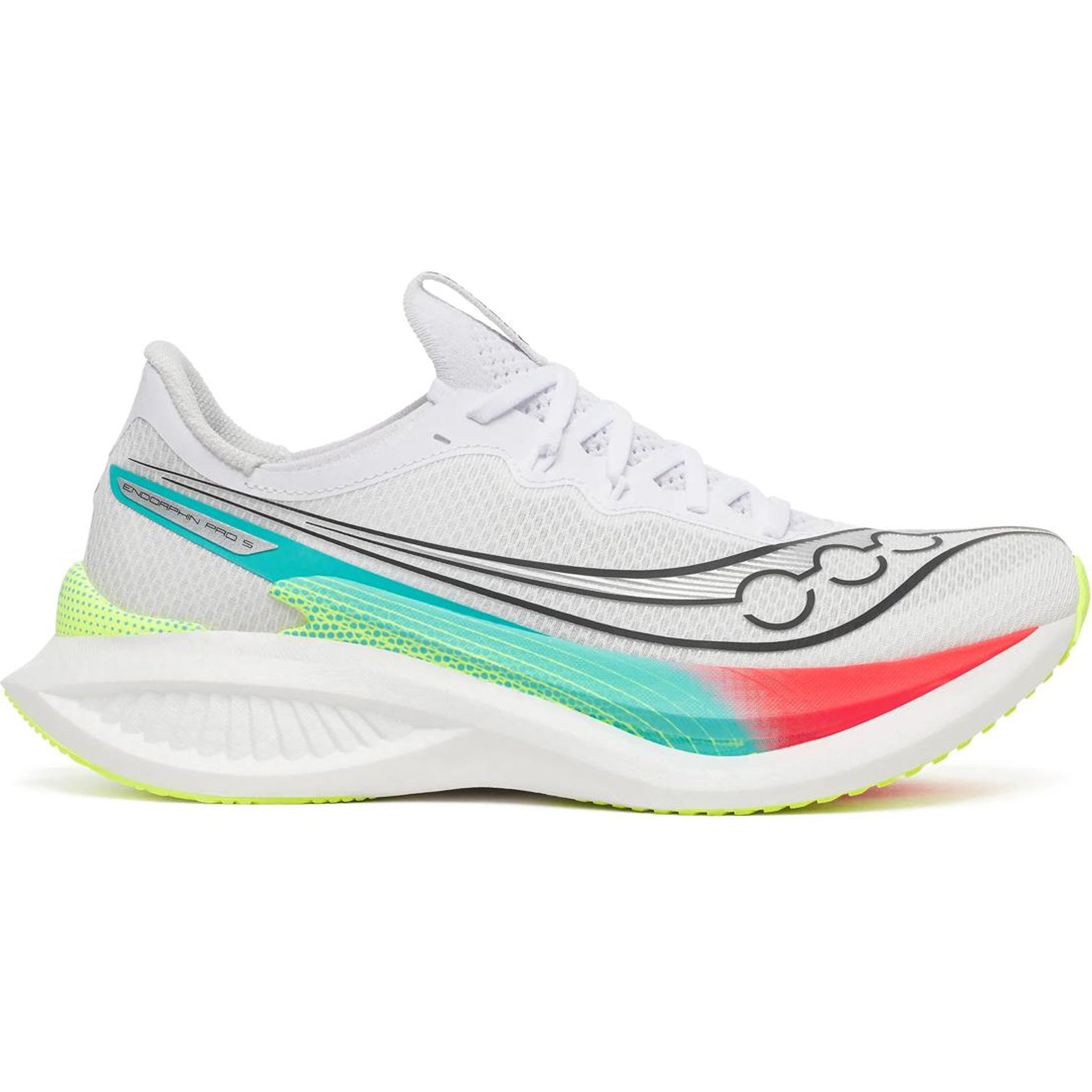 Men's Saucony Endorphin Pro 5 Running Shoes White Multi outer side view showing dual-layer PWRRUN foam with Super Critical PWRRUN HG and slotted carbon fibre plate for elite race day performance