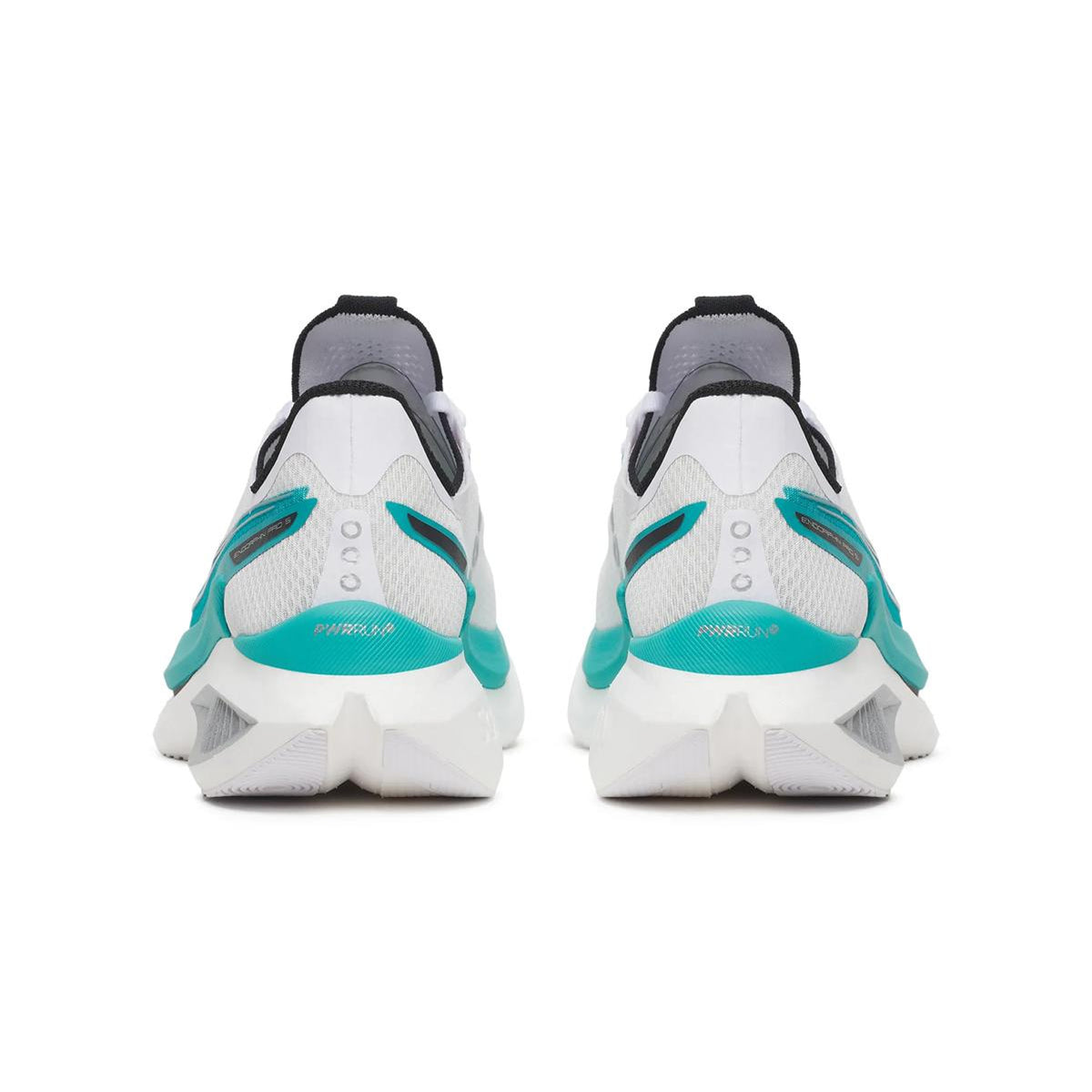 A pair of Saucony Men’s Endorphin Pro 5 Running Shoes in White / Tranquil, featuring a white, turquoise, and black color scheme, are shown from the back to highlight their layered sole with responsive PWRRUN foam cushioning and detailed mesh upper.