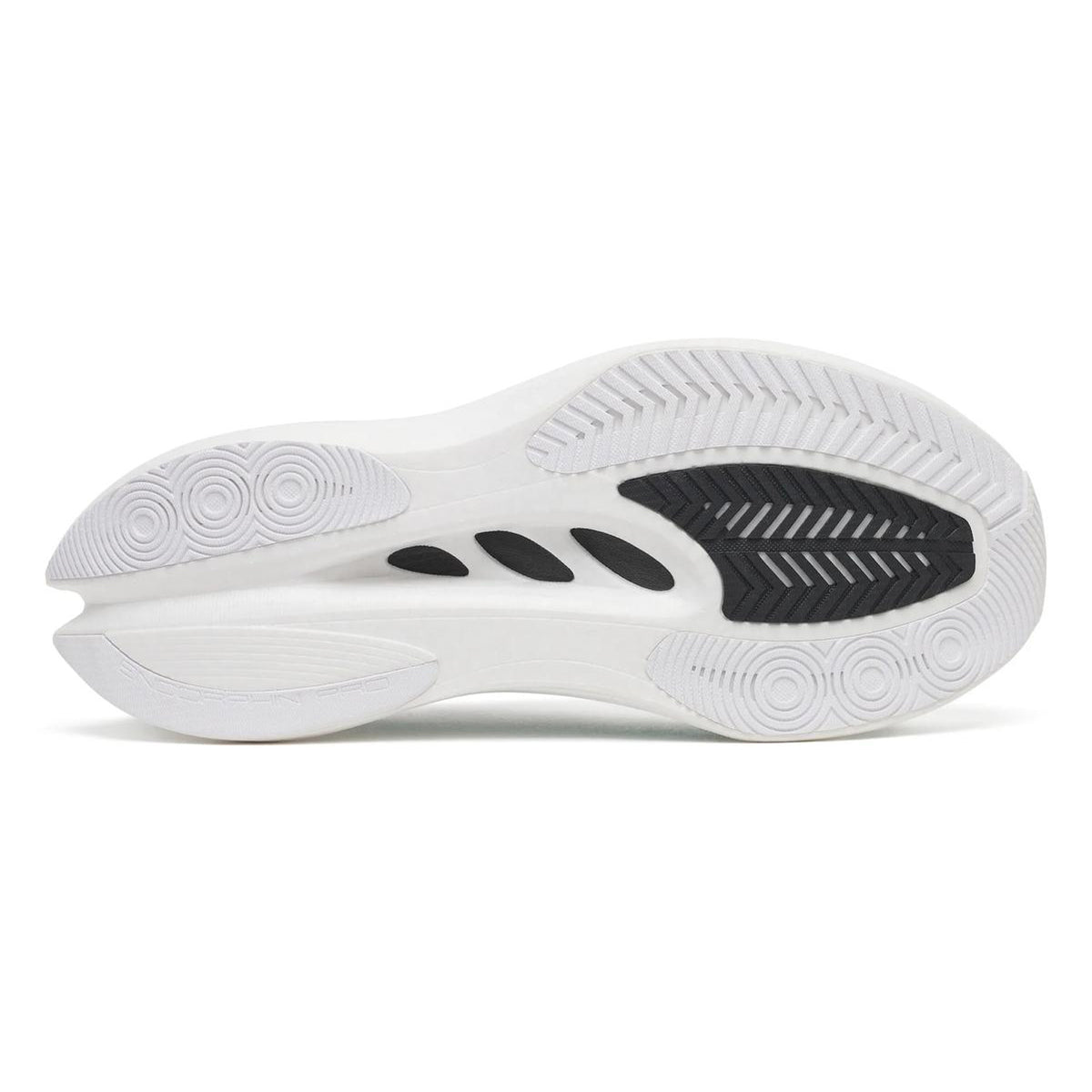 The image displays the white outsole of the Saucony Men’s Endorphin Pro 5 Running Shoes in White / Tranquil, featuring black and gray traction patterns and curved designs, as seen from the bottom—highlighting the signature look of this carbon-plated race shoe with PWRRUN foam.