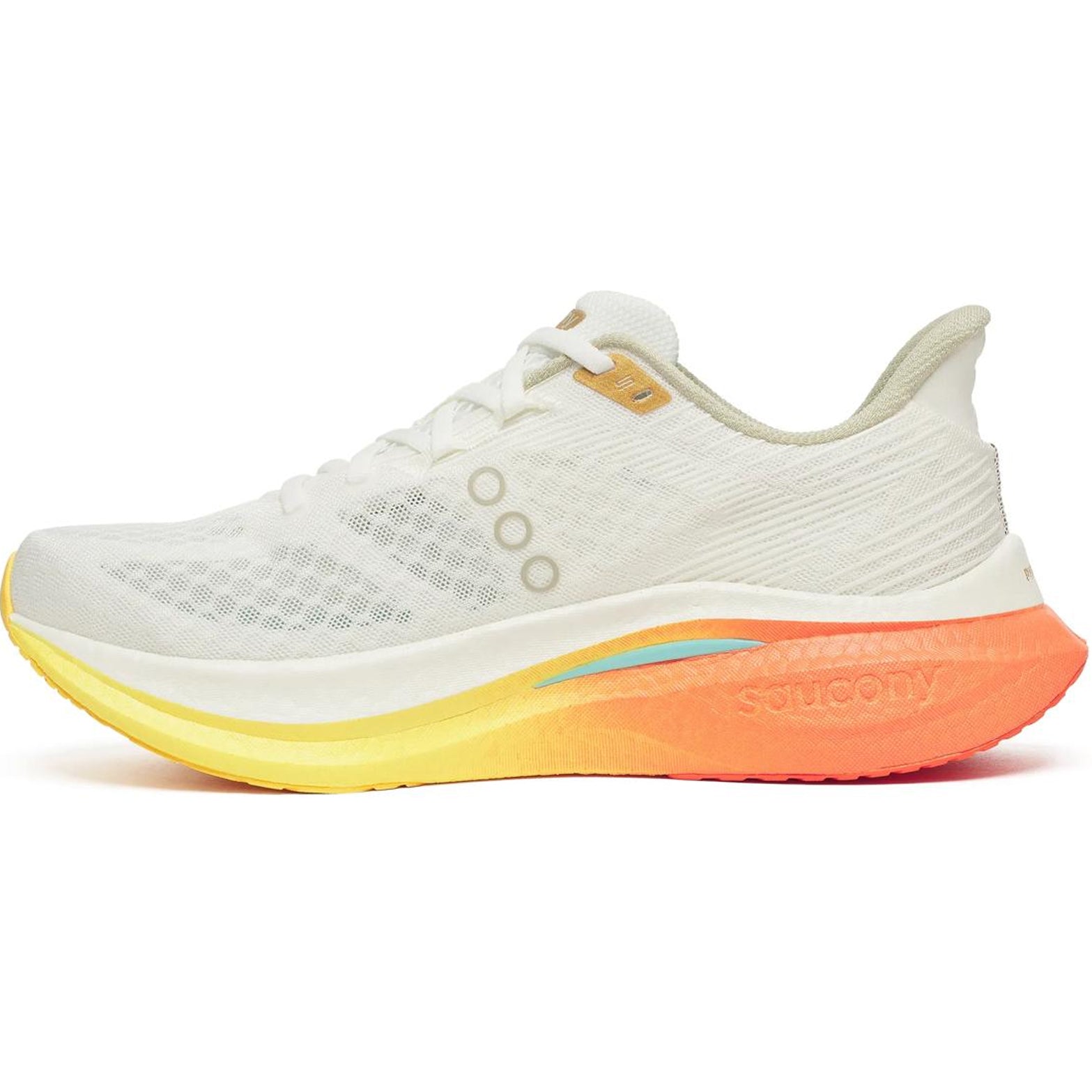 Men's Saucony Endorphin Speed 5 Running Shoes Ivory Fire inner side view showing dual-layer PWRRUN PB foam with nylon plate for snappy transitions and fast running