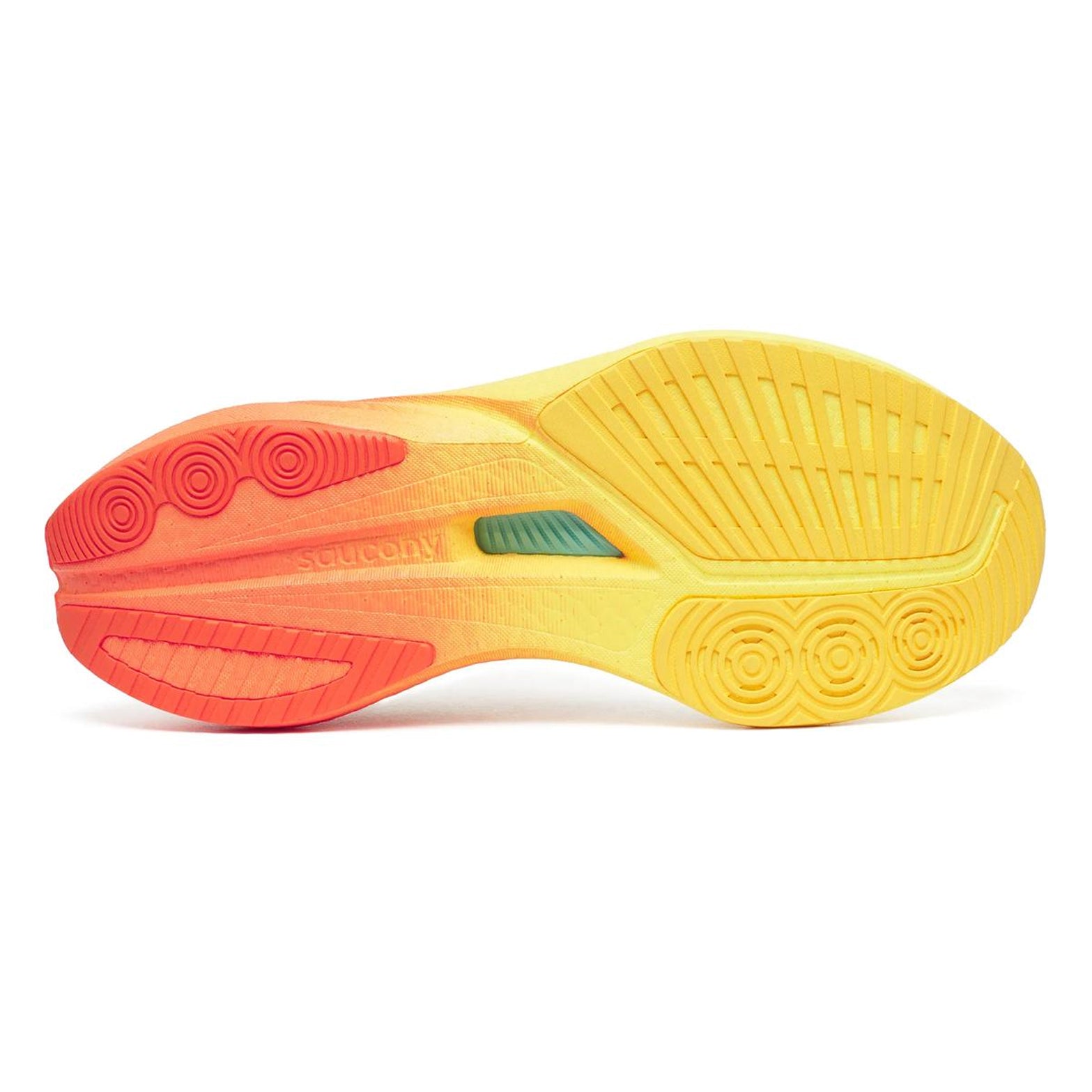 Men's Saucony Endorphin Speed 5 Running Shoes Ivory Fire sole view displaying reconfigured outsole with expanded heel coverage and full-length groove for natural gait cycle