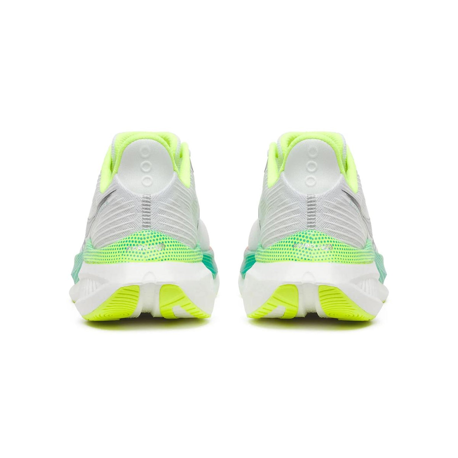 Men's Saucony Endorphin Speed 5 Running Shoes White Multi heel view showing responsive PWRRUN PB cushioning stack with nylon plate and expanded heel coverage for durability