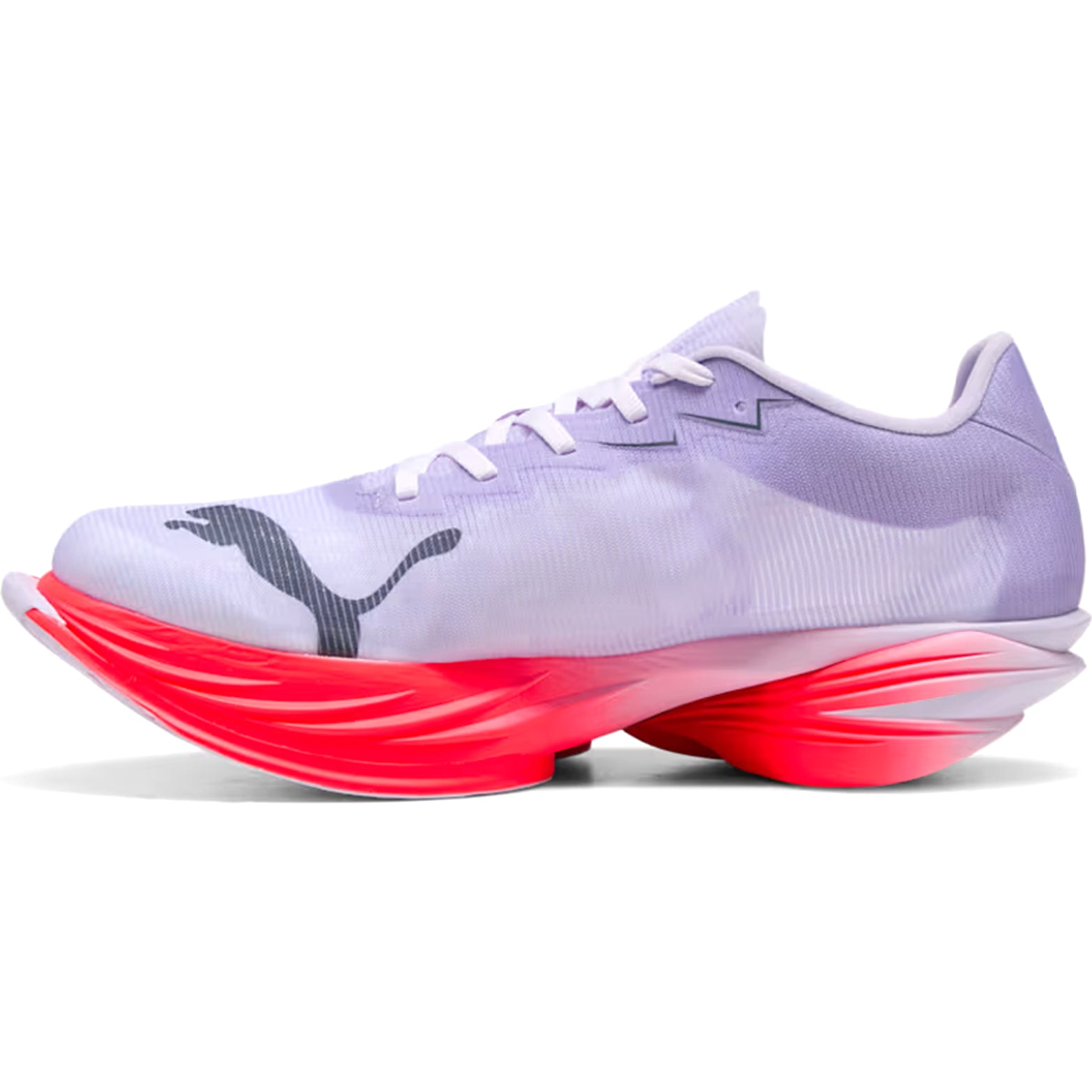 Puma FAST-R Nitro Elite 3 men's running shoe in Light Lavender / Ultra Red — inner view showing light lavender ULTRAWEAVE upper, ultra red midsole detailing, de-coupled heel design and extended carbon PWRPLATE construction with NITROFOAM ELITE foam