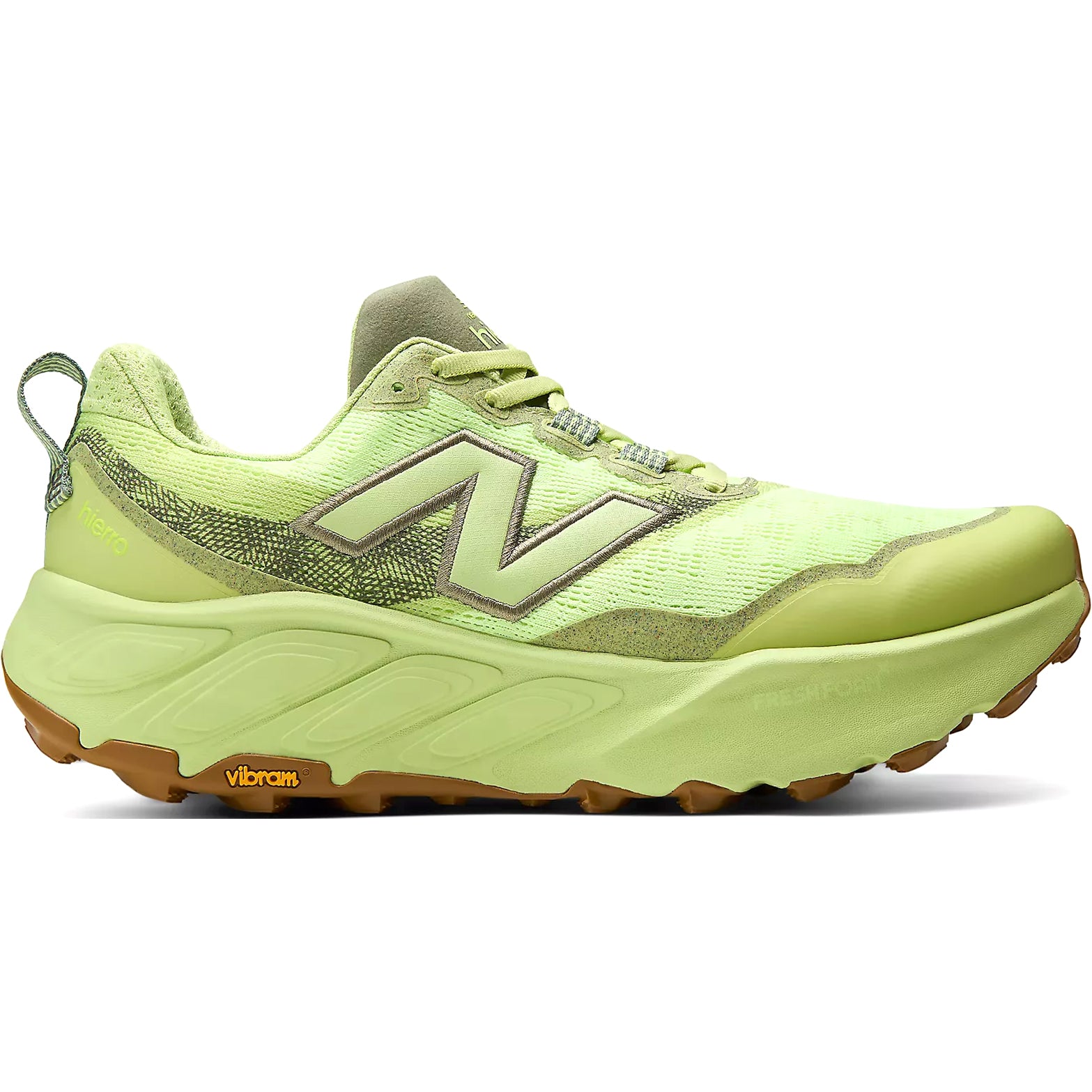 Men's New Balance Fresh Foam X Hierro v9 Trail Running Shoes lime green outer side view showing dual-density Fresh Foam X midsole and protective knit upper