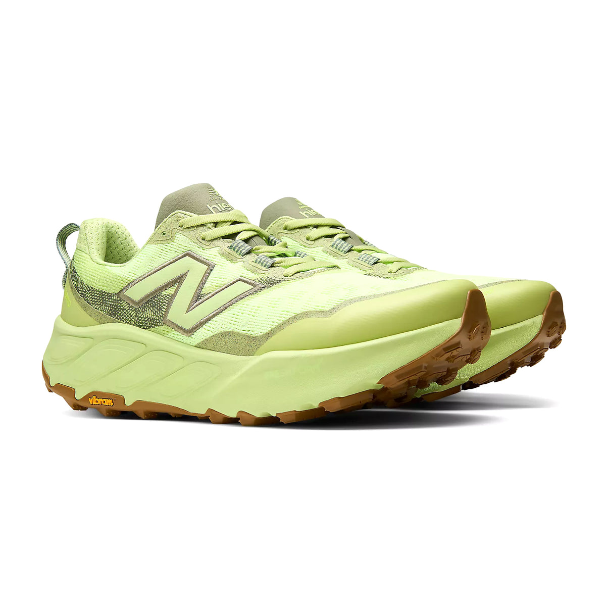 Men's New Balance Fresh Foam X Hierro v9 Trail Running Shoes lime green angled side view showing Fresh Foam X cushioning, Vibram Megagrip outsole and protective trail construction