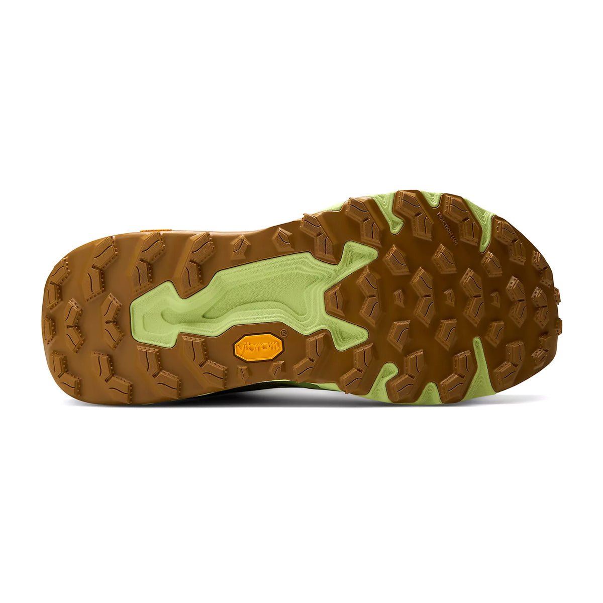 Men's New Balance Fresh Foam X Hierro v9 Trail Running Shoes lime green sole view displaying Vibram Megagrip lugged outsole with revamped tread pattern and 6mm lugs