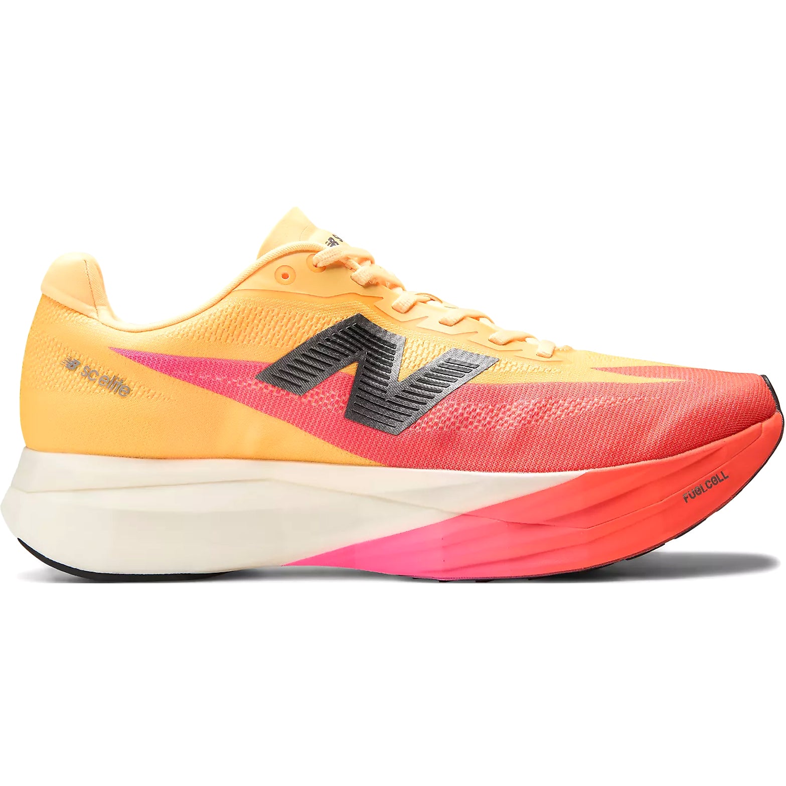 Men's New Balance FuelCell SuperComp Elite v5 Running Shoes Orange Red outer side view showing 100% PEBA foam midsole with Energy Arc technology and carbon fibre plate