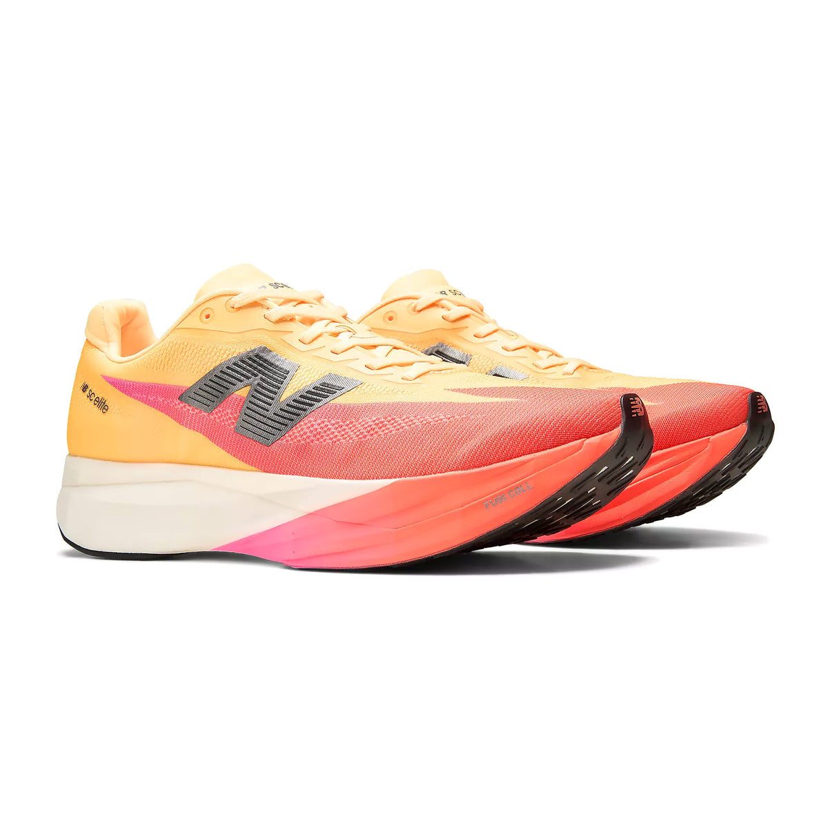 Men's New Balance FuelCell SuperComp Elite v5 Running Shoes Orange Red angled side view showing carbon fibre plate, Energy Arc propulsion system and ultra-lightweight racing construction