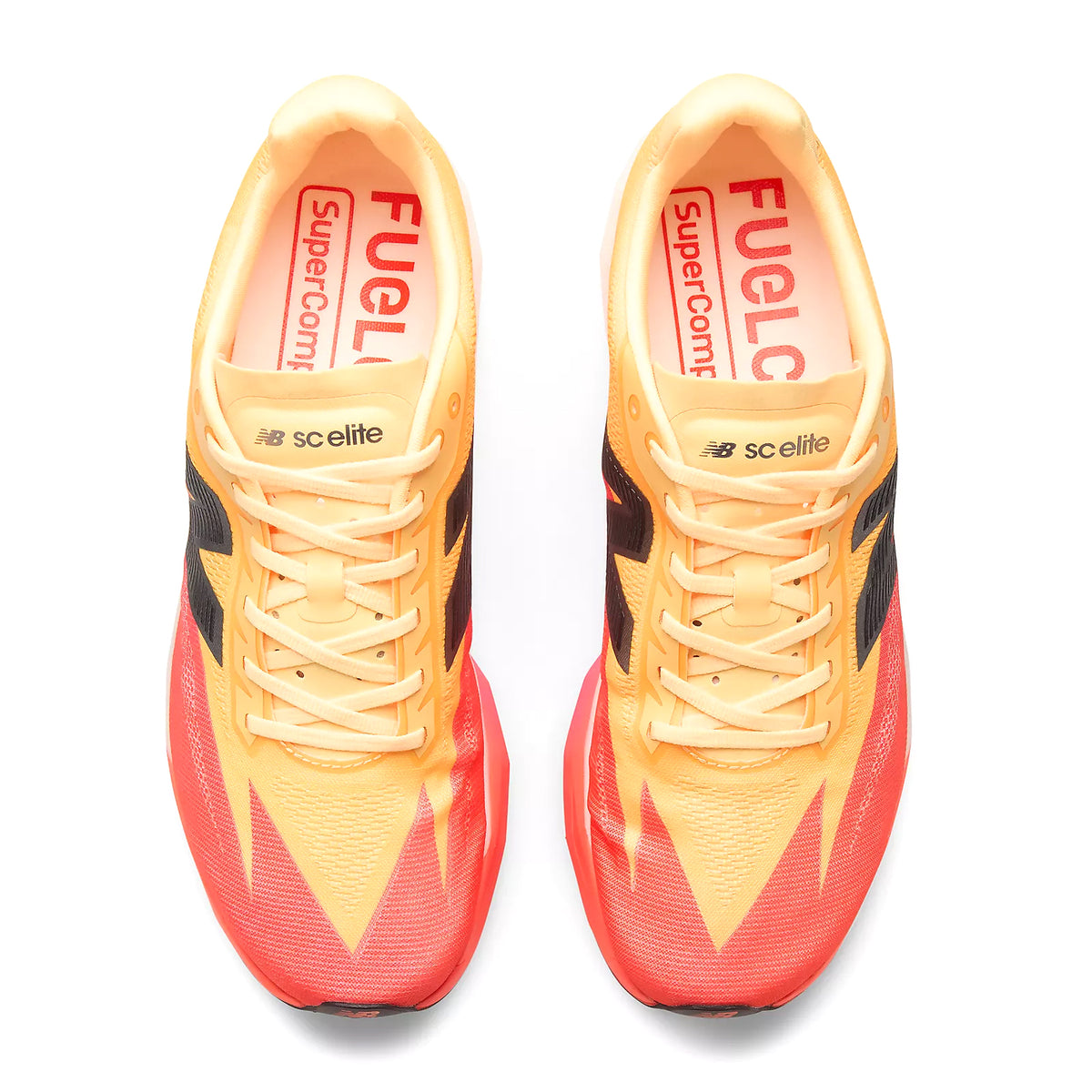 Men's New Balance FuelCell SuperComp Elite v5 Running Shoes Orange Red top view showing single-layer mesh upper with FANTOMFIT construction and secure lockdown fit