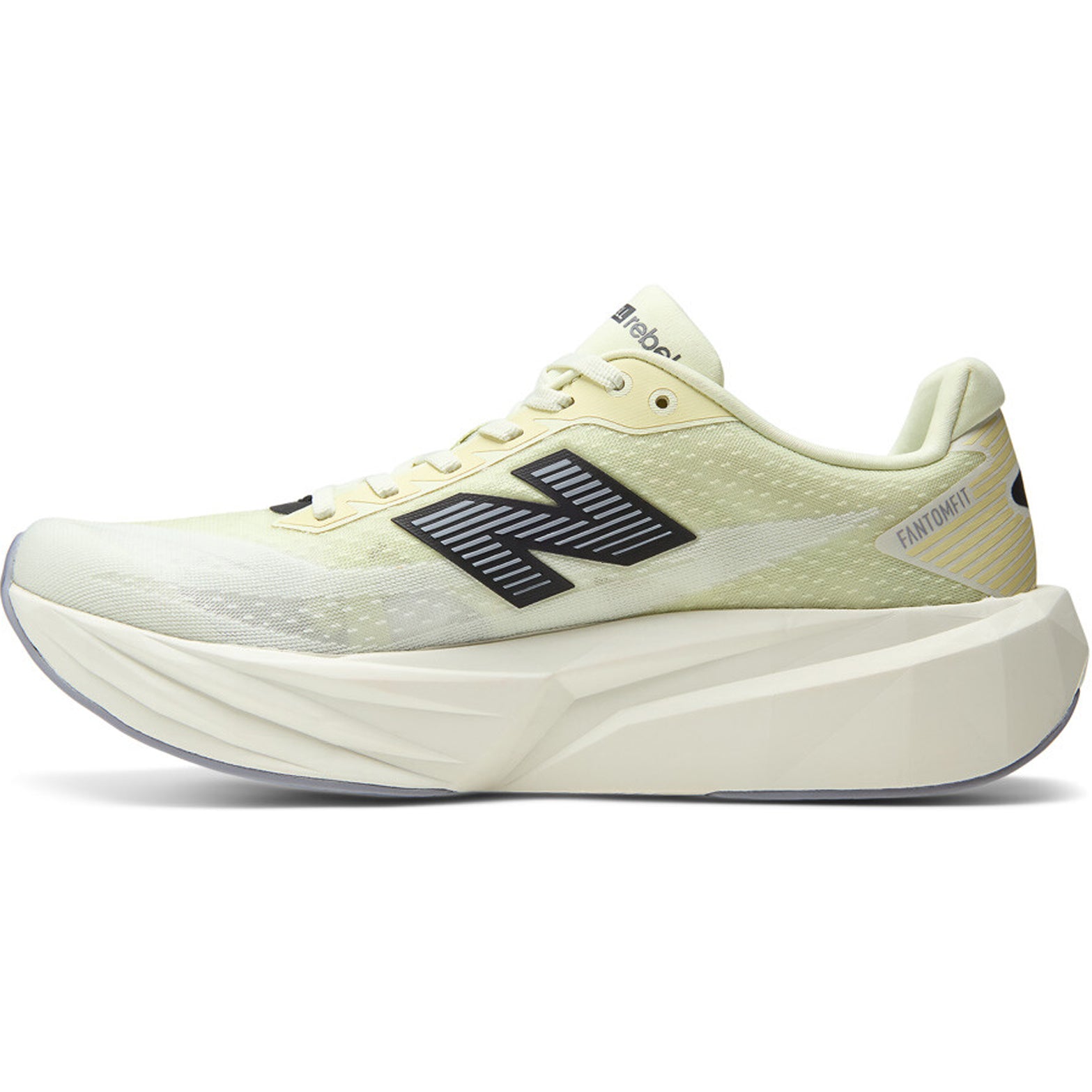 Men's New Balance FuelCell Rebel v5 Running Shoes Pistachio Butter Digital Mist inner side view showing FuelCell cushioning with redesigned heel and tongue for responsive comfortable fast-paced running