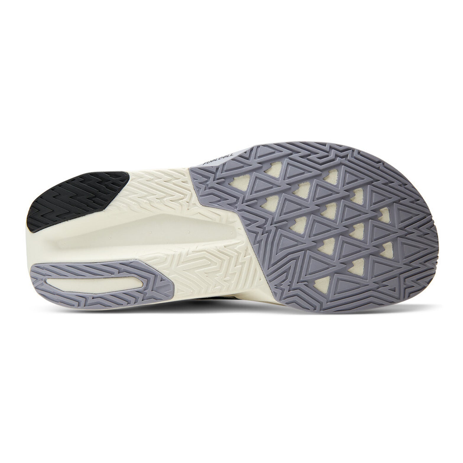 Men's New Balance FuelCell Rebel v5 Running Shoes Pistachio Butter Digital Mist sole view displaying redesigned outsole with increased forefoot rubber for enhanced durability during faster-paced running