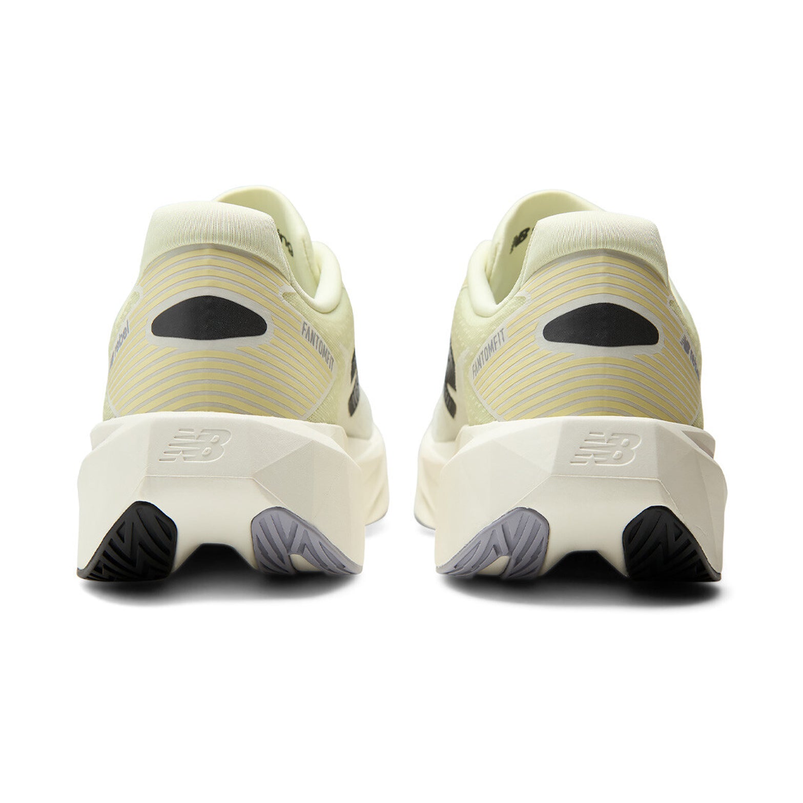 Men's New Balance FuelCell Rebel v5 Running Shoes Pistachio Butter Digital Mist heel view showing FuelCell foam blend with wider higher geometric midsole stack for increased cushioning and propulsive energy return