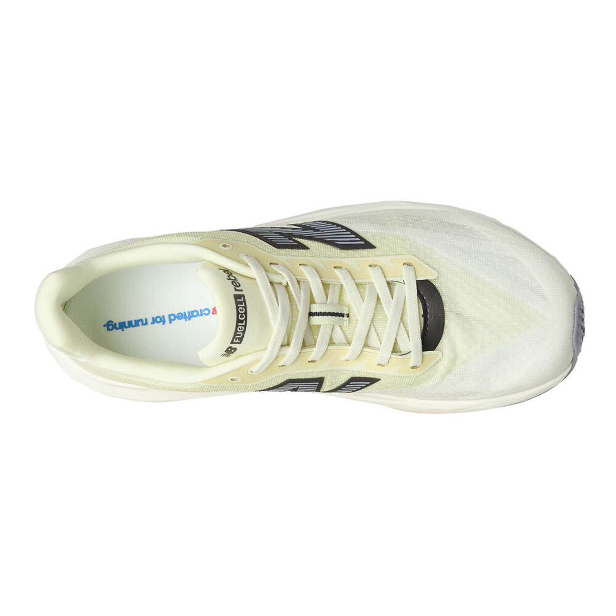 Men's New Balance FuelCell Rebel v5 Running Shoes Pistachio Butter Digital Mist top view showing streamlined race-inspired mesh upper with reflective detailing for lightweight breathable daily training