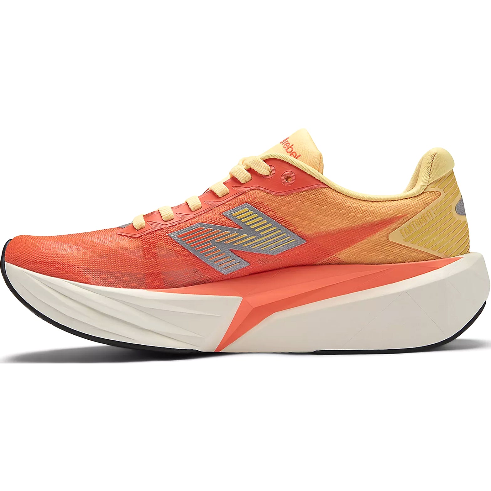 Men's New Balance FuelCell Rebel v5 Running Shoes Orange Grey inner side view showing FuelCell technology propulsive cushioning and wider geometric midsole