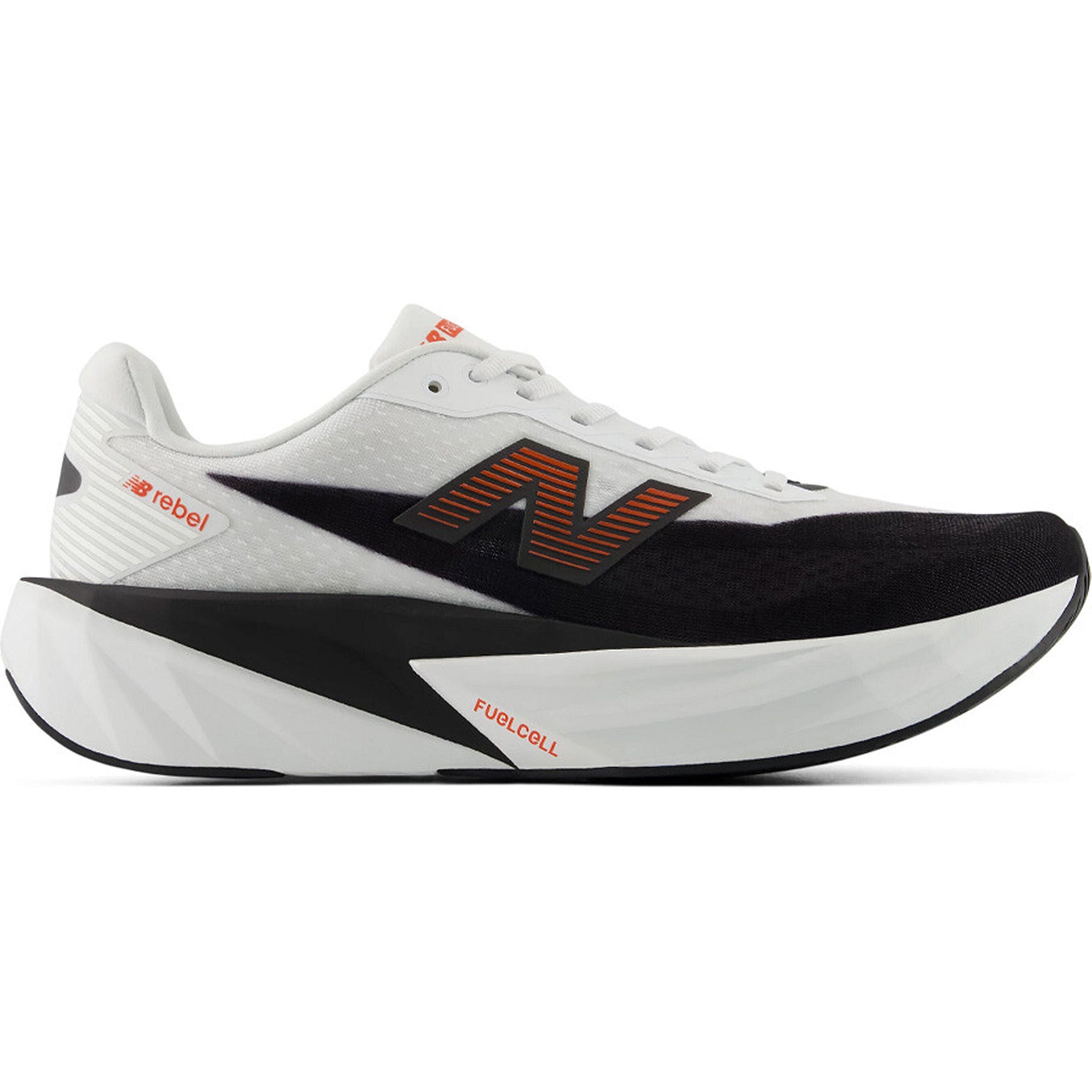Men's New Balance FuelCell Rebel v5 Running Shoes White Neo Flame outer side view showing FuelCell PEBA and EVA foam blend with geometric midsole design for propulsive energetic daily training
