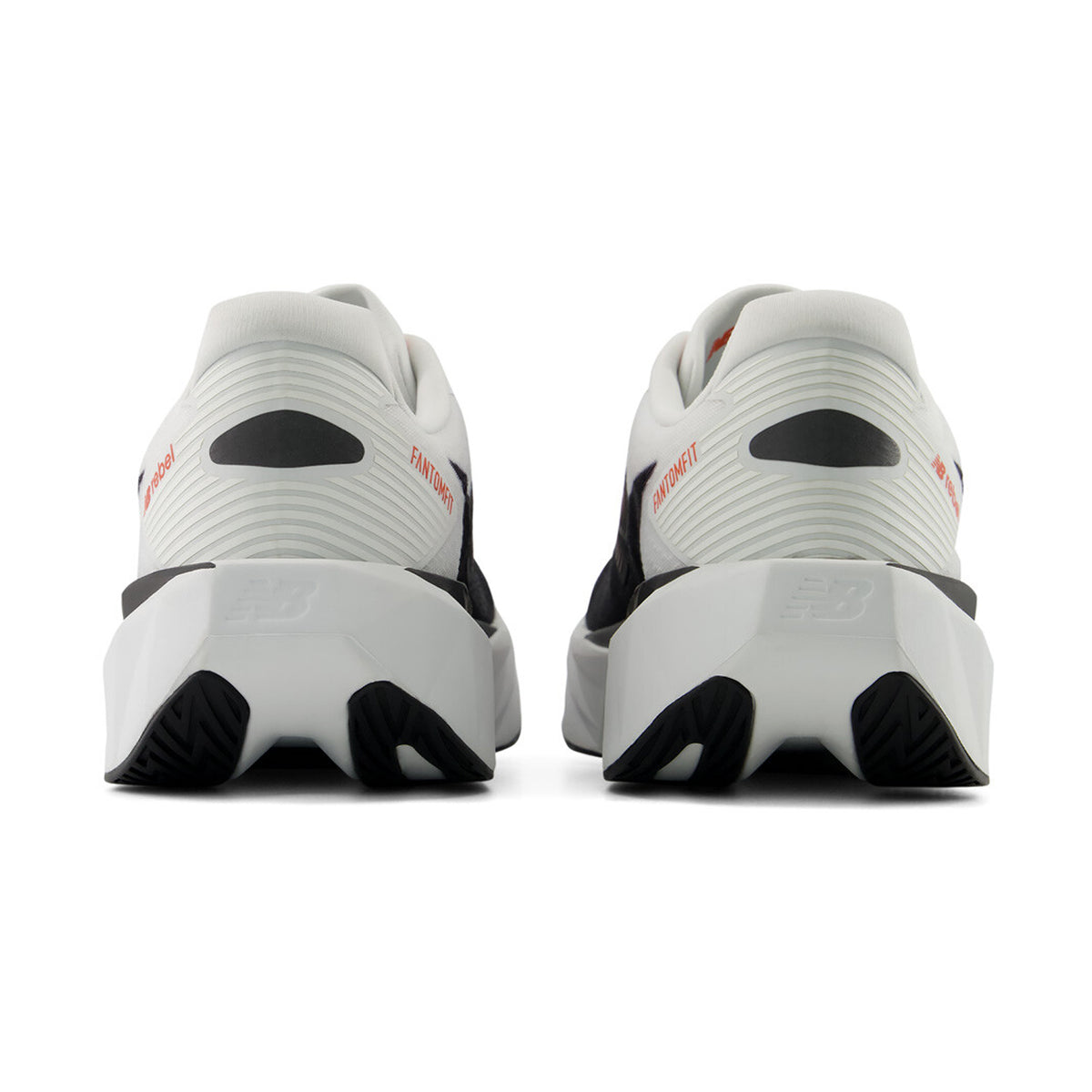 Men's New Balance FuelCell Rebel v5 Running Shoes White Neo Flame heel view showing FuelCell foam blend with wider higher geometric midsole stack for increased cushioning and propulsive energy return