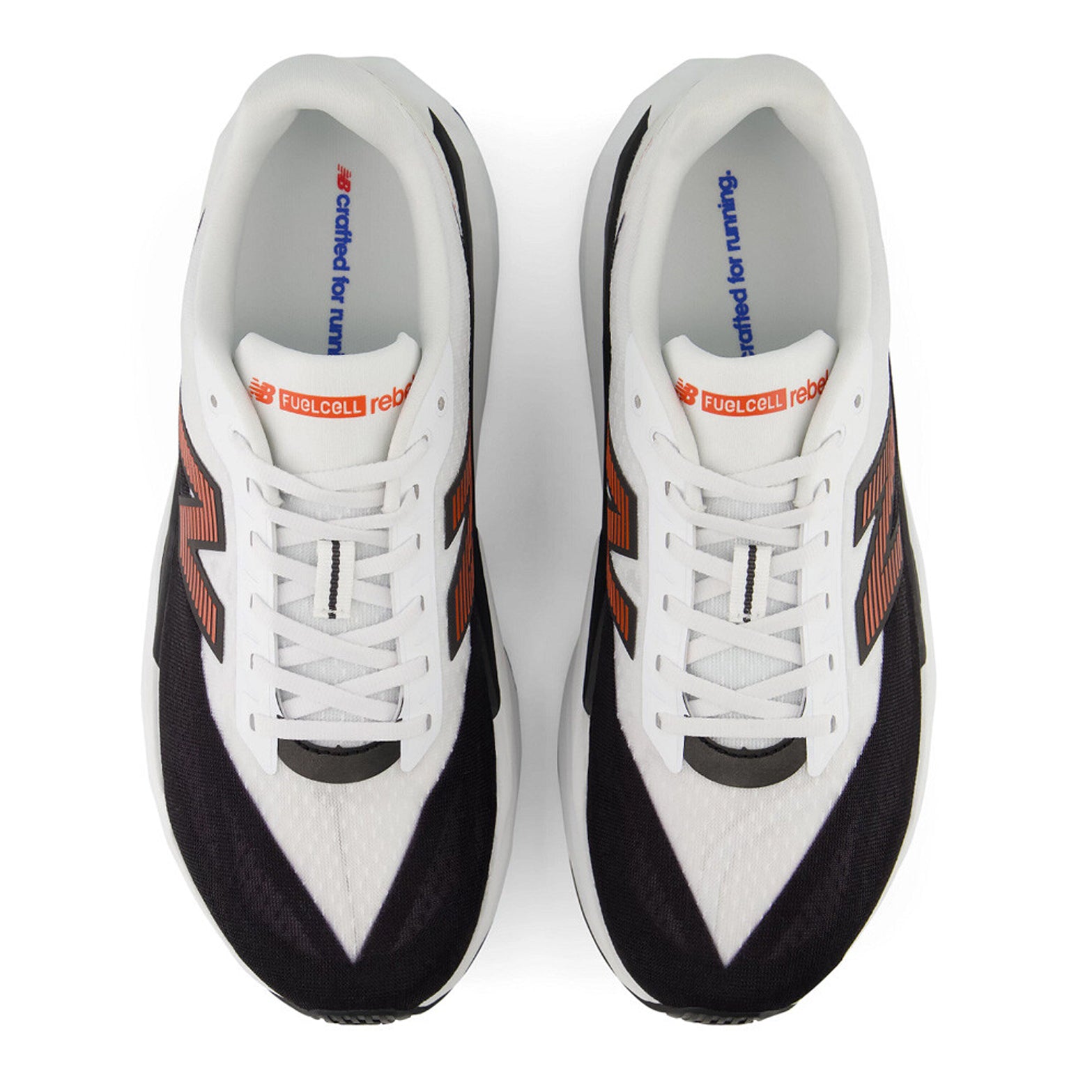 Men's New Balance FuelCell Rebel v5 Running Shoes White Neo Flame top view showing streamlined race-inspired mesh upper with reflective detailing for lightweight breathable daily training