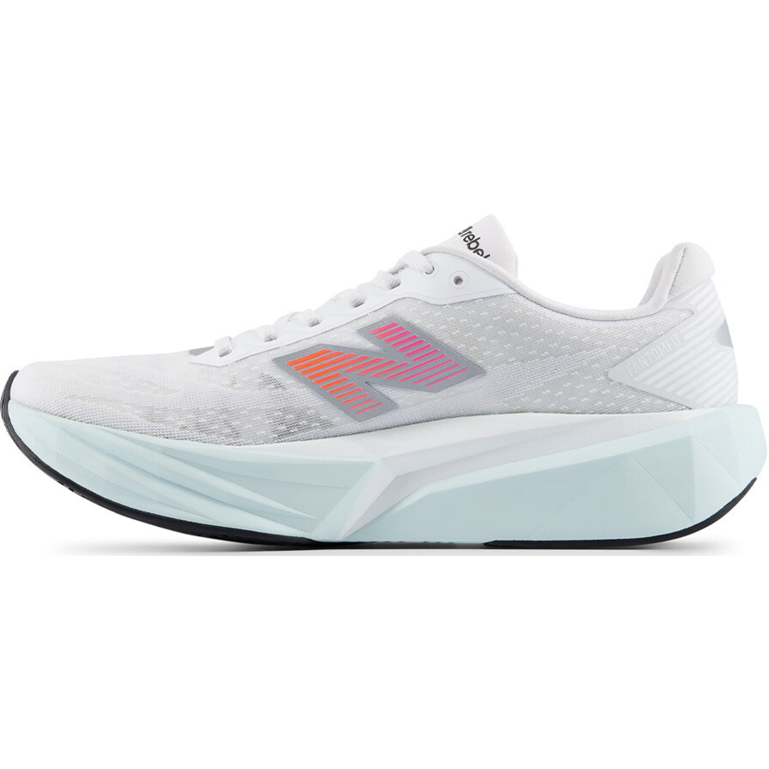 New Balance FuelCell Rebel v5 men's running shoe in White / Pink Heat / Glint Blue — inner view showing white engineered mesh upper, pink heat midsole detailing, responsive cushioning and FuelCell foam construction