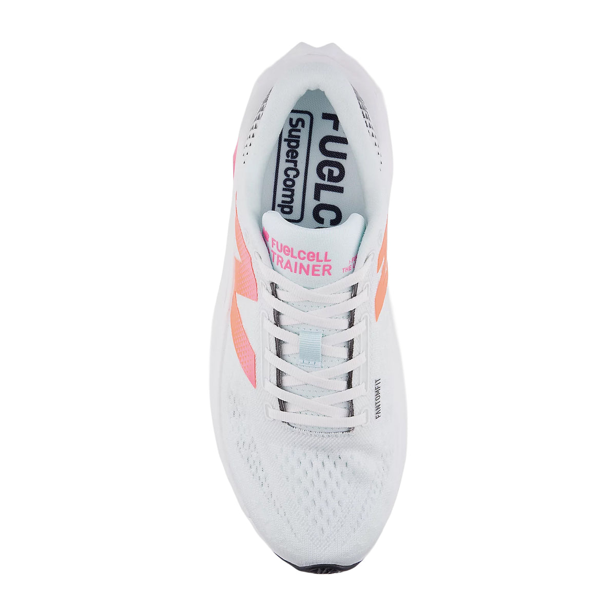 New Balance FuelCell SuperComp Trainer v3 men's running shoe in Fairweather Blue / Glint Blue — top-down view showing fairweather blue plush mesh upper construction and lace closure