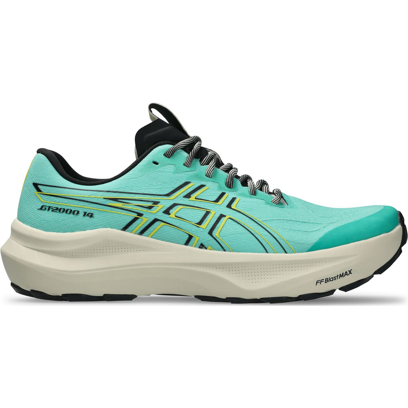 Men's ASICS GT-2000 14 TR Running Shoes Aurora Green Cacti outer side view showing FF BLAST MAX midsole with 3D GUIDANCE SYSTEM and trampoline-inspired outsole pod