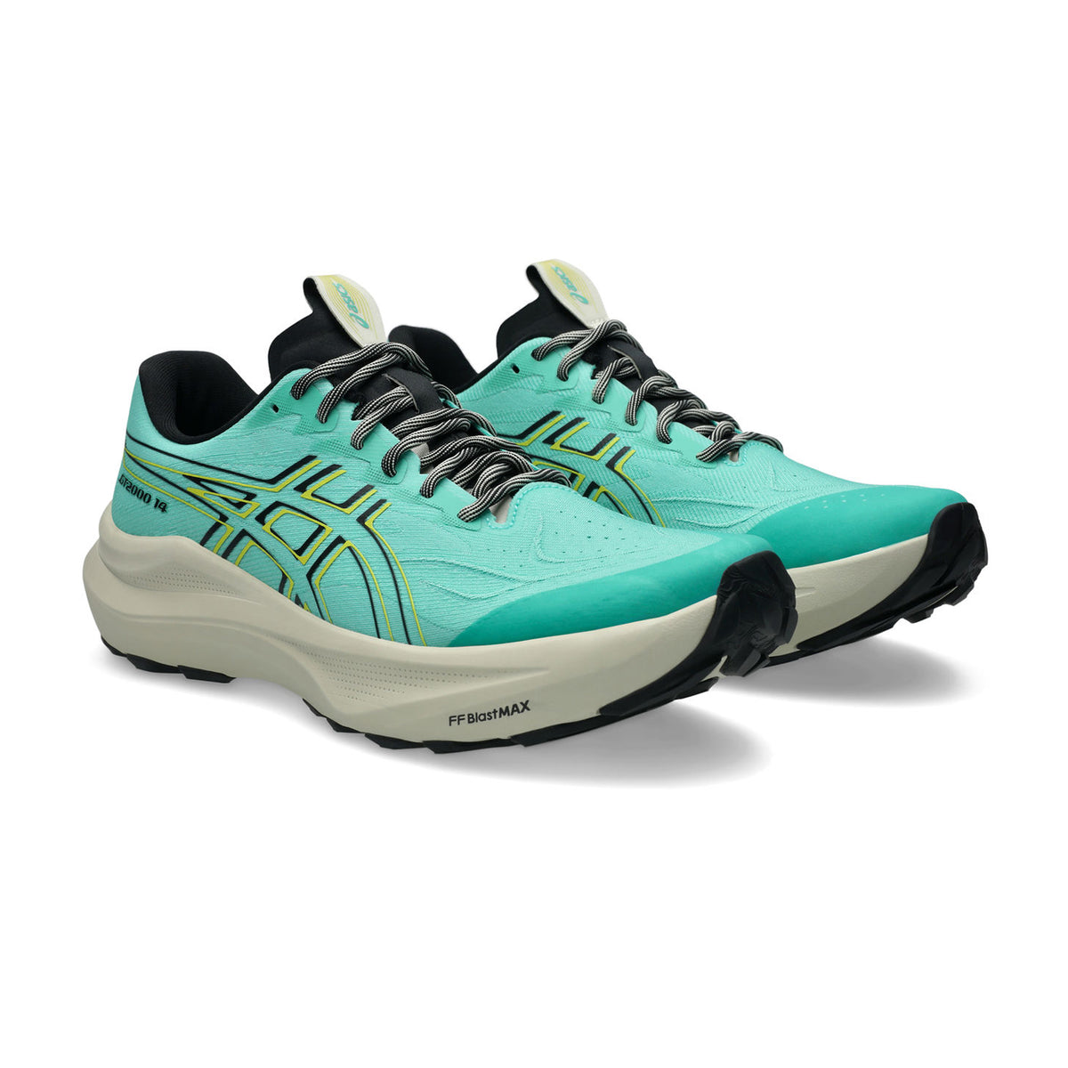 Men's ASICS GT-2000 14 TR Running Shoes Aurora Green Cacti pair angled side view showing FF BLAST MAX energetic cushioning, 3D GUIDANCE SYSTEM stability and gravel-capable outsole