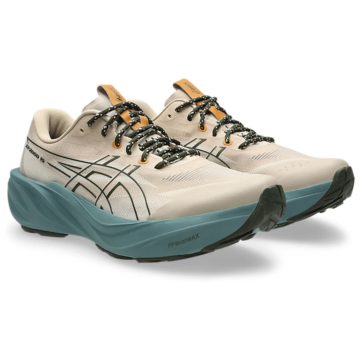 Pair of beige and teal running shoes with black detailing, patterned laces, and a thick, cushioned sole. The shoes display the ASICS logo on the sides and have orange accents on the tongue.