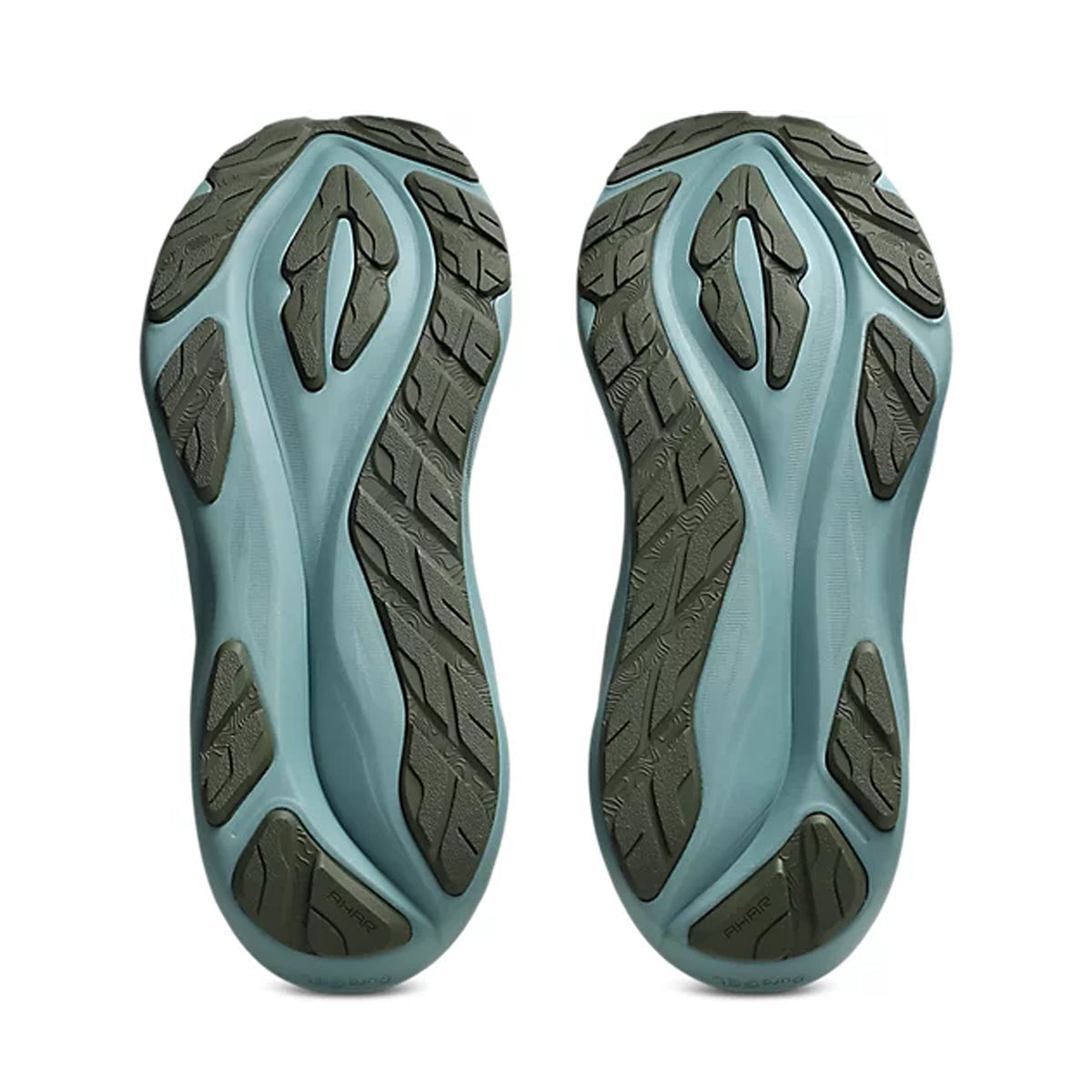 Pair of simply taupe and foggy teal sneaker soles with textured, wavy tread patterns, placed side by side on a plain white background—these are the outsoles of the Men’s GT-2000 15 TR Running Shoes in Simply Taupe / Foggy Teal, featuring FF BLAST MAX cushioning for enhanced comfort.