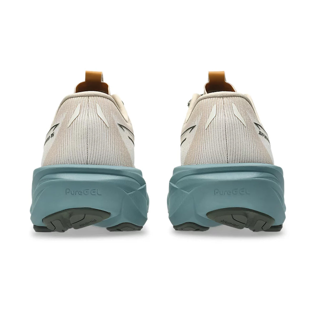 Back view of two Men’s GT-2000 15 TR Running Shoes in Simply Taupe / Foggy Teal, featuring thick, light blue soles. “PureGEL” is visible on the midsoles, and the shoes include FF BLAST MAX cushioning along with brown pull tabs on the heels.