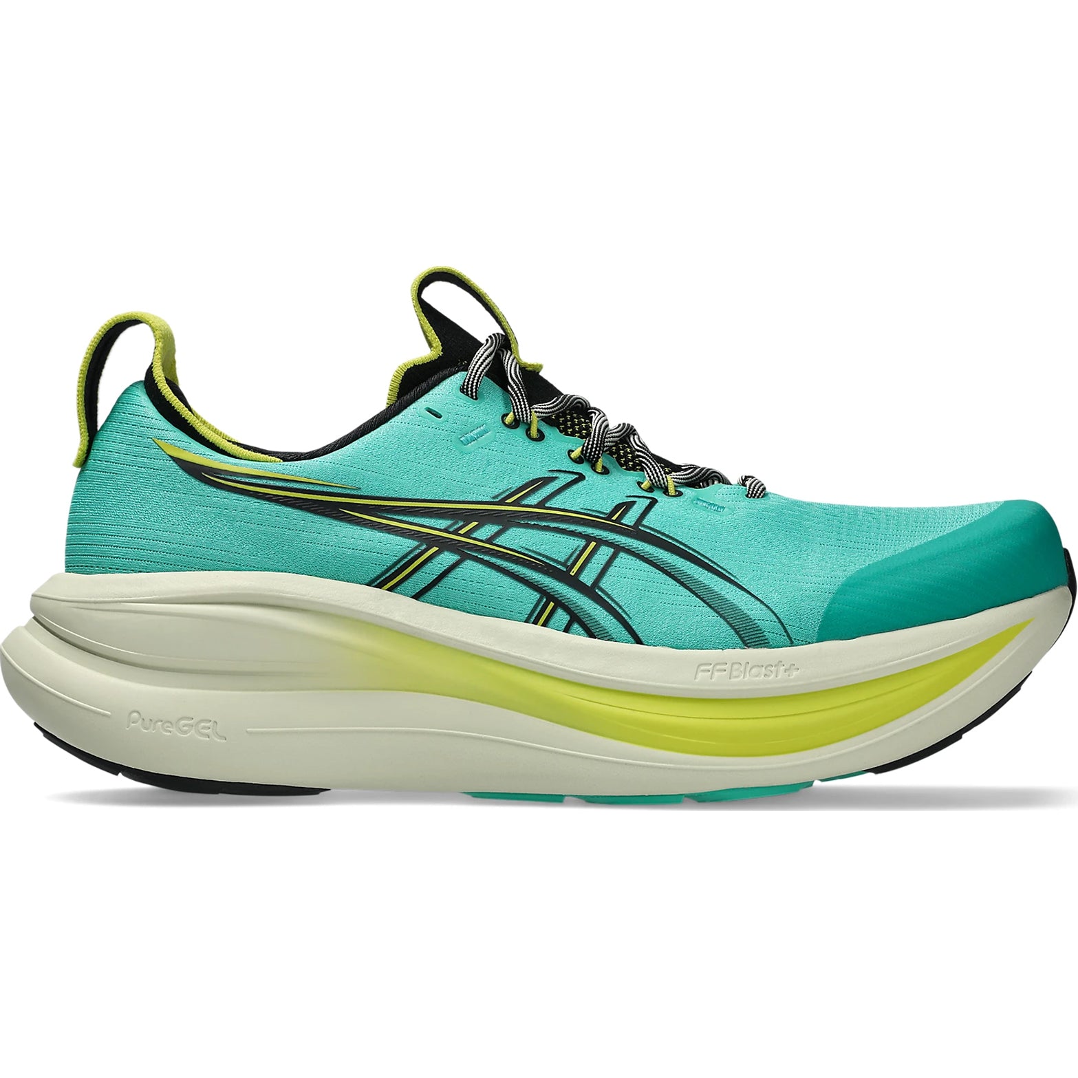 Men's ASICS Gel-Nimbus 28 TR Running Shoes Aurora Green Black outer side view showing FF BLAST PLUS midsole with PureGEL technology and ASICSGRIP outsole