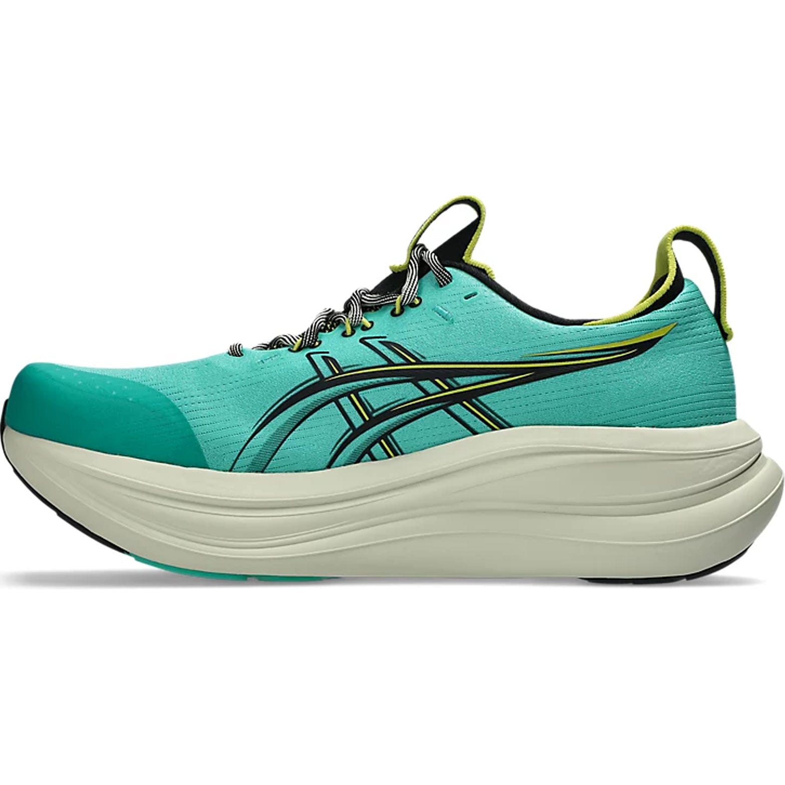 Men's ASICS Gel-Nimbus 28 TR Running Shoes Aurora Green Black inner side view showing FF BLAST PLUS cushioning and engineered knit upper