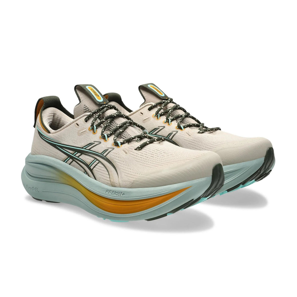 Men's ASICS Gel-Nimbus 28 TR Running Shoes Simply Taupe Ocean Haze angled side view of pair showing FF BLAST PLUS and PureGEL midsole with ASICSGRIP rubber and recycled knit upper for cloud-like cushioned gravel and mixed terrain performanc