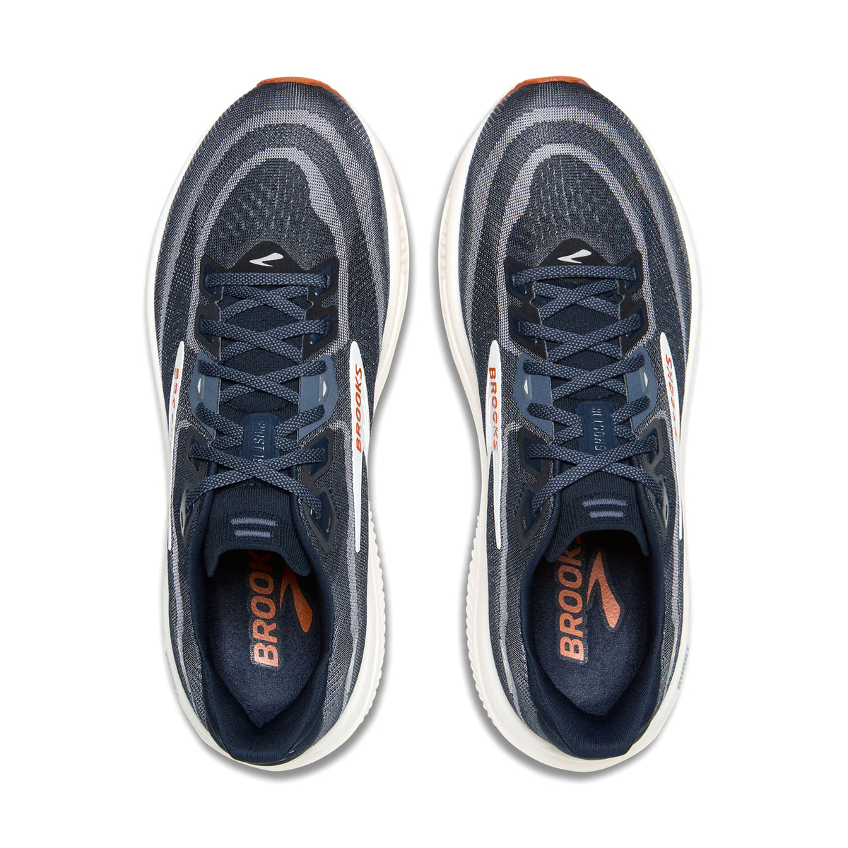 Brooks Ghost 18 men's running shoe in Navy Blazer / Red Earth / Blue — top-down view showing navy blazer two-colour engineered mesh upper construction, soft flat-knit tongue and lace closure with blue detailing