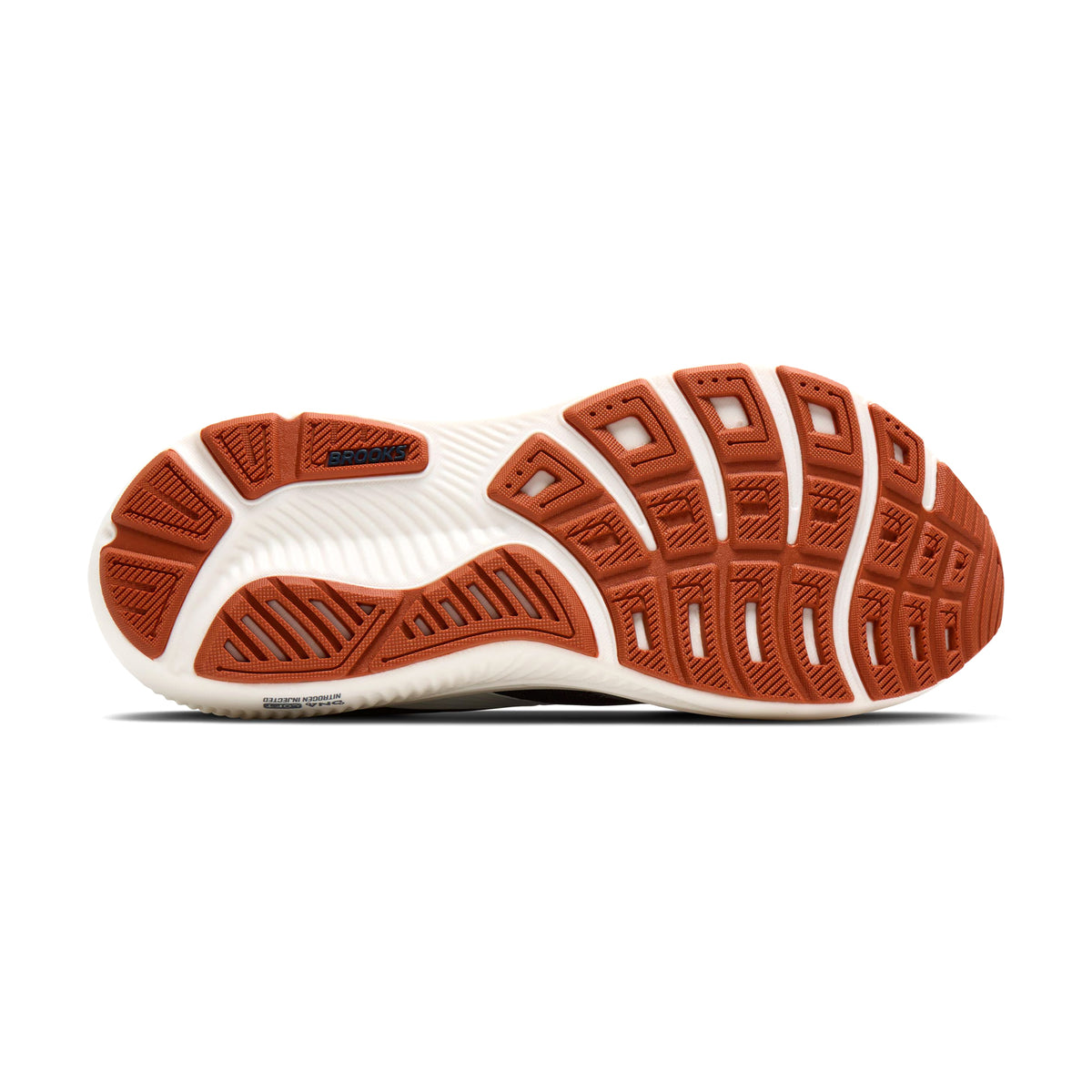 Brooks Ghost 18 men's running shoe in Navy Blazer / Red Earth / Blue — outsole view showing RoadTack rubber tread pattern with recycled silica and red earth DNA LOFT v3 foam midsole stack with segmented crash pad profile
