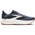 Brooks Ghost 18 men's running shoe in Navy Blazer / Red Earth / Blue — outer view showing navy blazer engineered air mesh upper with red earth and blue accent detailing and DNA LOFT v3 foam midsole profile