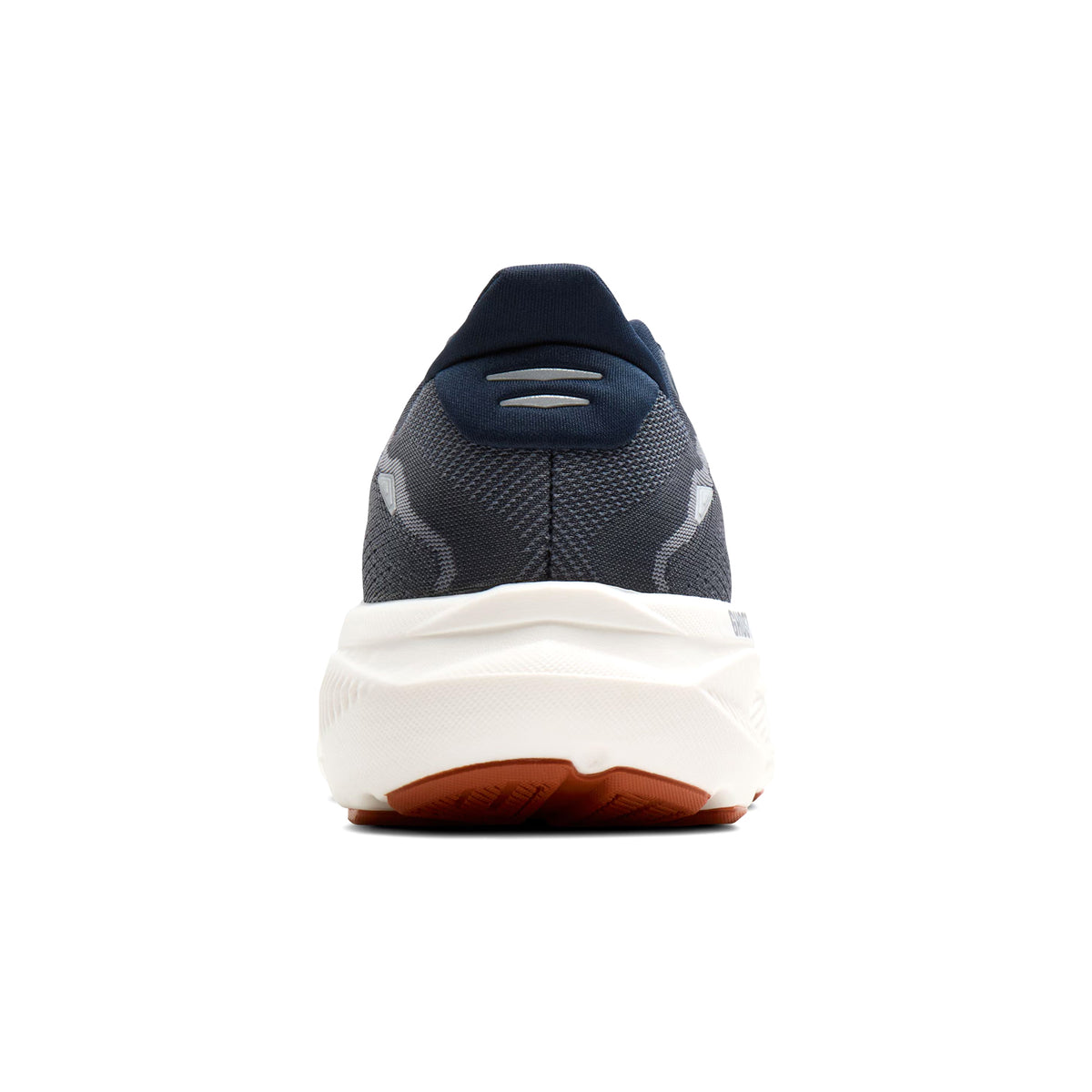 Brooks Ghost 18 men's running shoe in Navy Blazer / Red Earth / Blue — heel view showing soft flat-knit tongue construction, reflective heel detailing and red earth DNA LOFT v3 foam midsole contrast