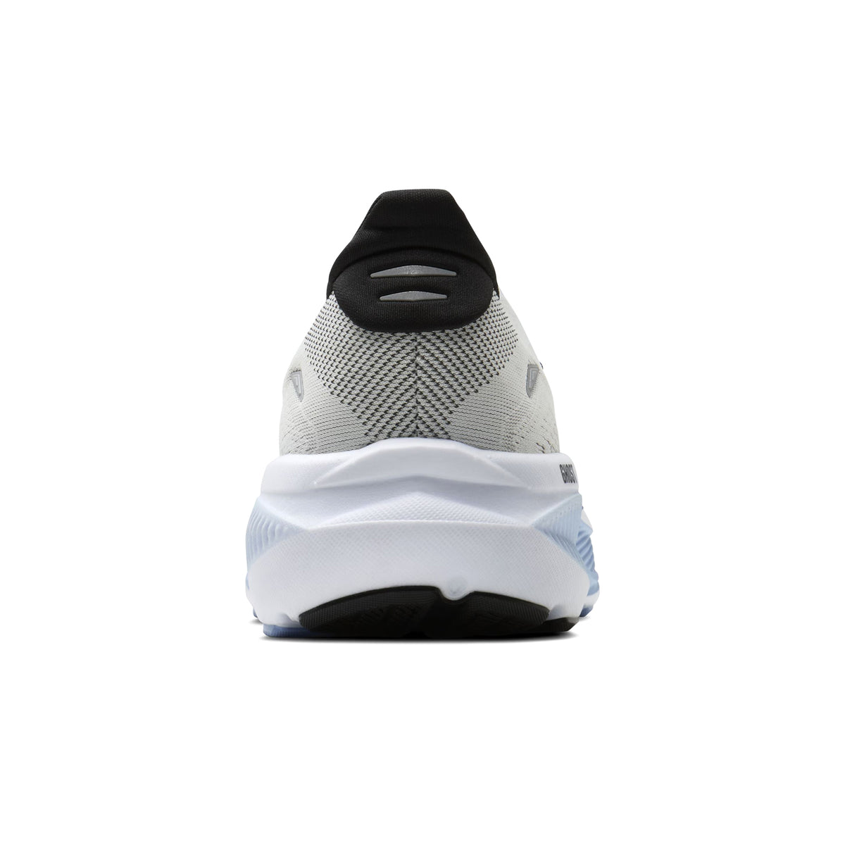 Brooks Ghost 18 men's running shoe in White / Black / Open Air — heel view showing soft flat-knit tongue construction, reflective heel detailing and open air DNA LOFT v3 foam midsole contrast