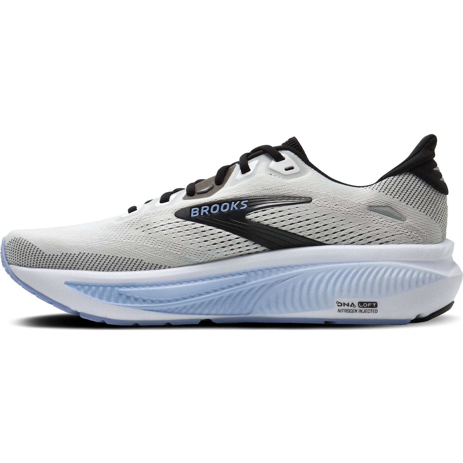 Brooks Ghost 18 men's running shoe in White / Black / Open Air — inner view showing white engineered air mesh upper, soft flat-knit tongue, open air midsole detailing and Ortholite X-60 sockliner construction