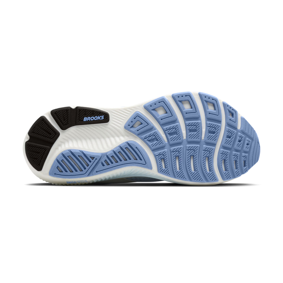 Brooks Ghost 18 men's running shoe in White / Black / Open Air — outsole view showing RoadTack rubber tread pattern with recycled silica and open air DNA LOFT v3 foam midsole stack with segmented crash pad profile