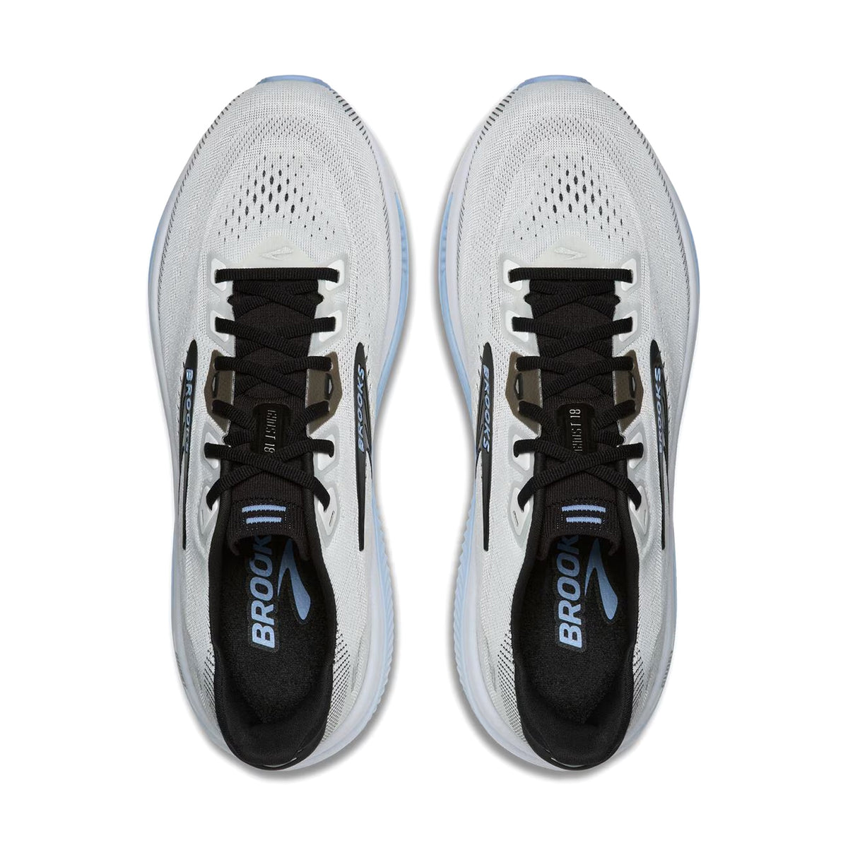 Brooks Ghost 18 men's running shoe in White / Black / Open Air — top-down view showing white two-colour engineered mesh upper construction, soft flat-knit tongue and lace closure with black detailing