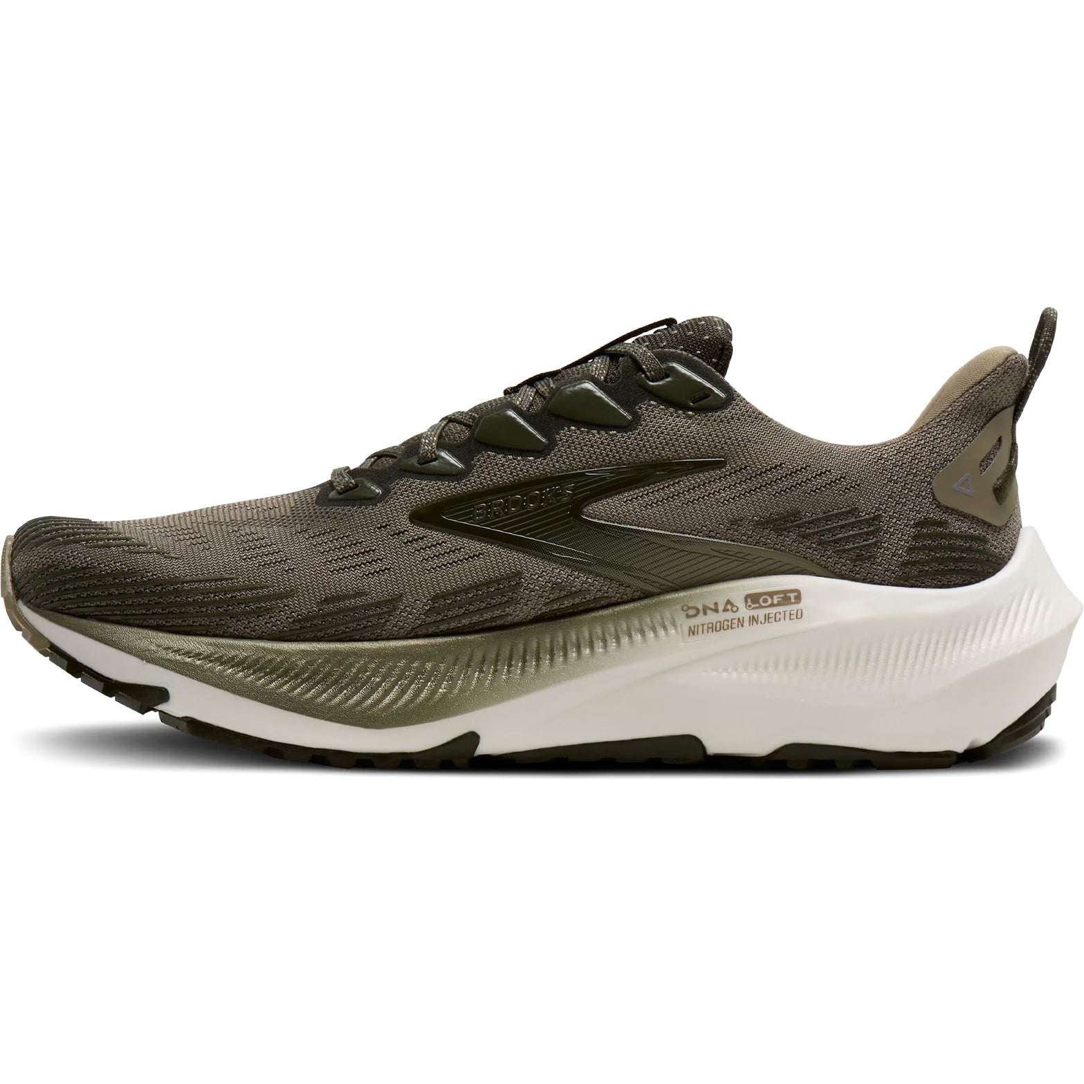 Men's Brooks Ghost Trail Running Shoes Olive Olive Metallic inner side view showing nitrogen-infused Ghost cushioning with breathable air mesh upper for comfortable trail running