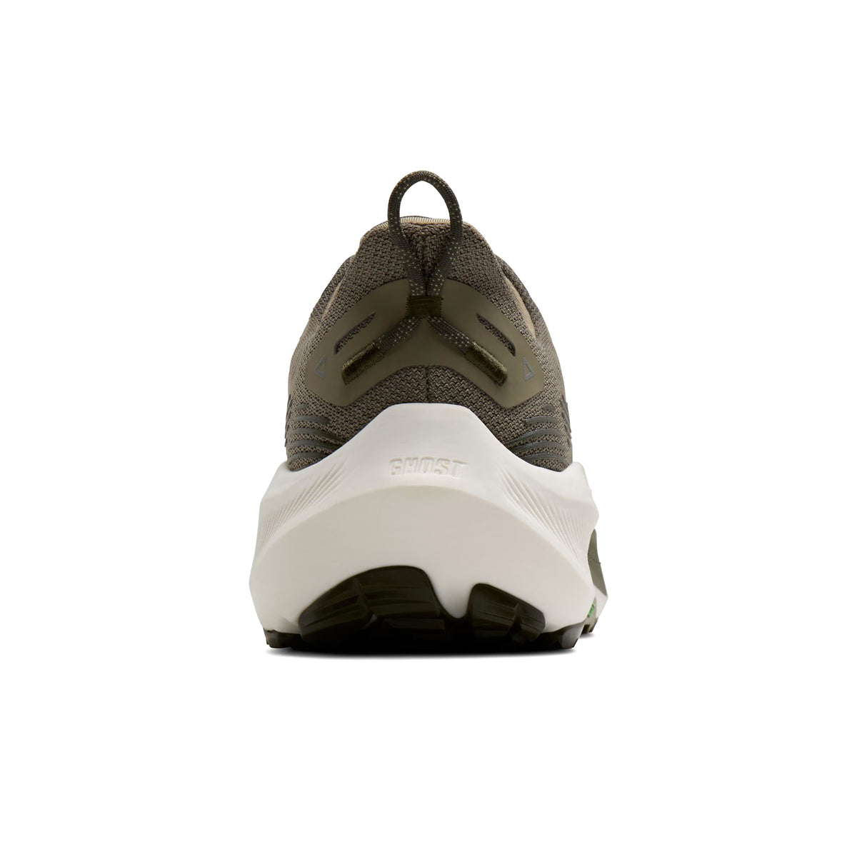 Men's Brooks Ghost Trail Running Shoes Olive Olive Metallic heel view showing nitrogen-infused cushioning with flexible TrailTack outsole for soft landings during trail running