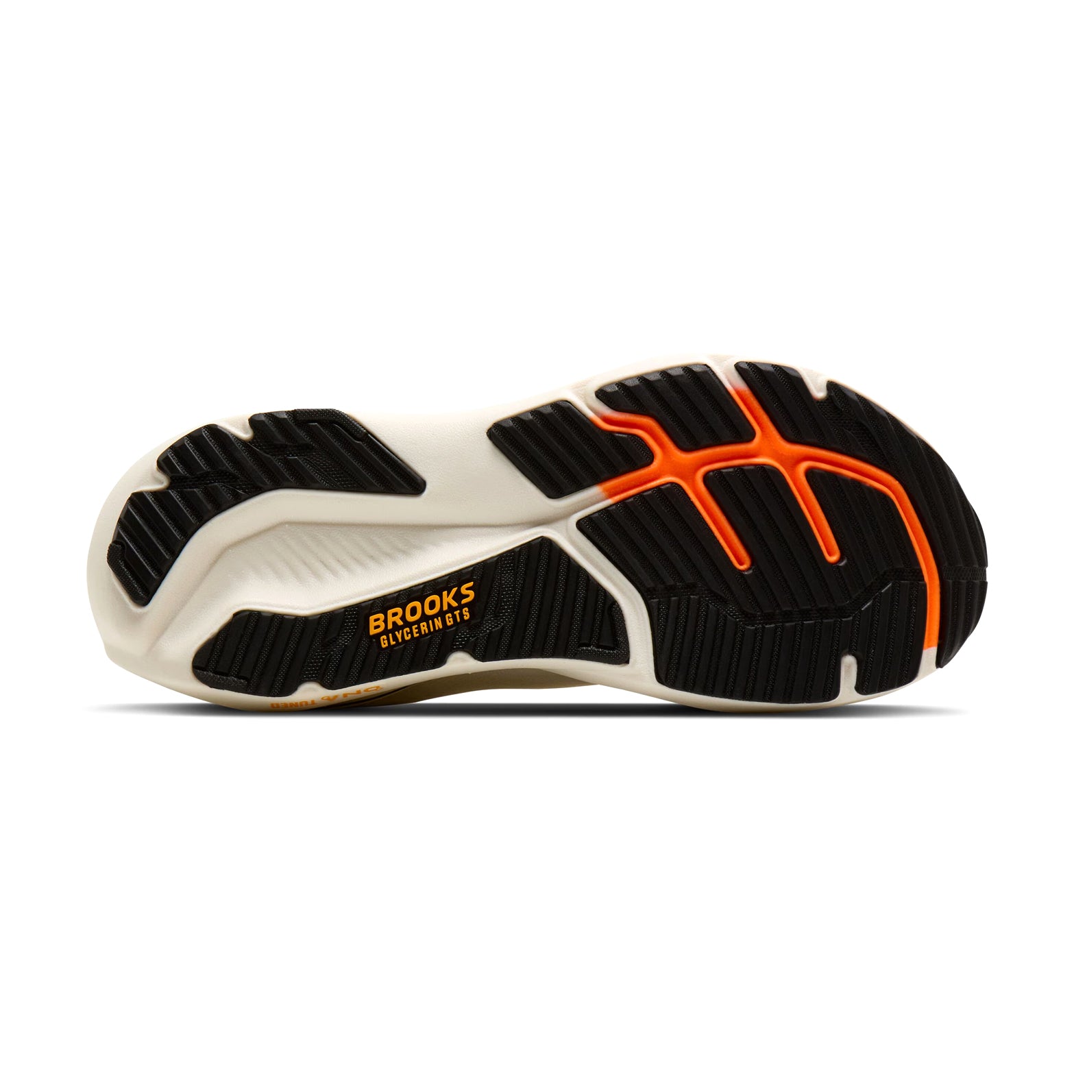 Brooks Glycerin GTS 23 men's running shoe in Arctic Wolf / Angora / Orange — outsole view showing durable rubber tread pattern and angora DNA TUNED nitrogen-infused foam midsole stack with dual-cell technology profile