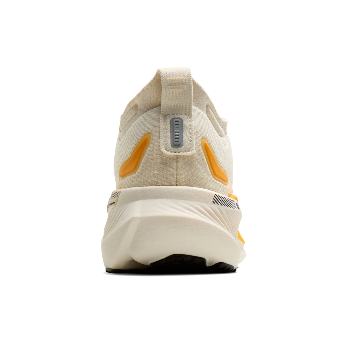 Brooks Glycerin GTS 23 men's running shoe in Arctic Wolf / Angora / Orange — heel view showing plush padding and ankle collar construction, orange heel detailing and angora DNA TUNED foam midsole contrast