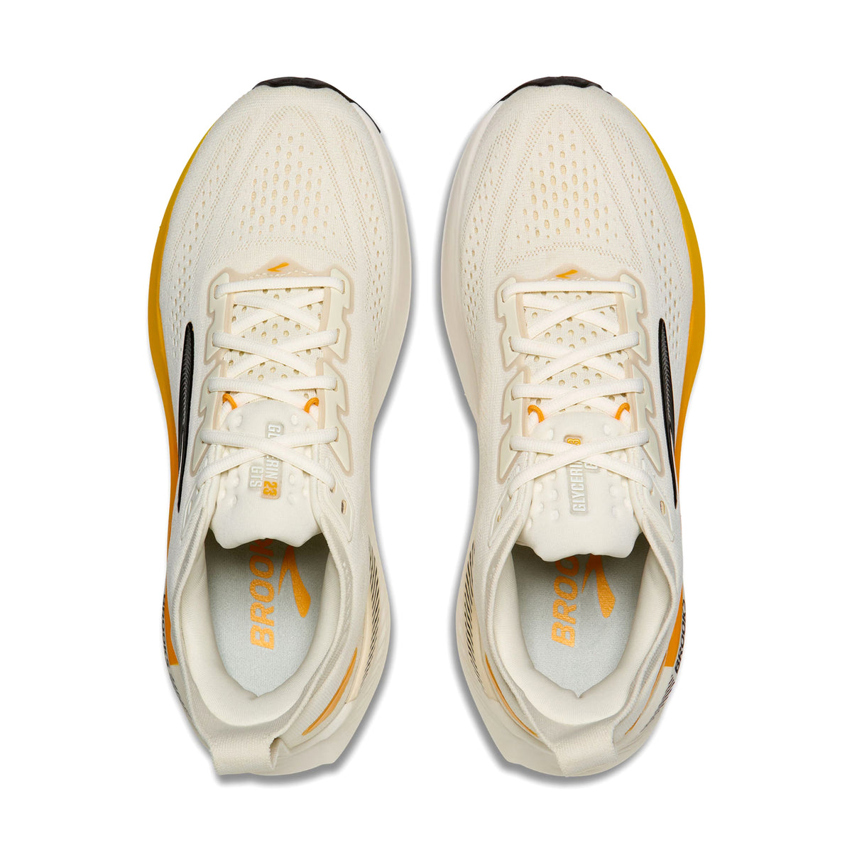 Brooks Glycerin GTS 23 men's running shoe in Arctic Wolf / Angora / Orange — top-down view showing arctic wolf triple jacquard warp knit upper construction, lace closure and orange accent detailing