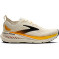 Brooks Glycerin GTS 23 men's running shoe in Arctic Wolf / Angora / Orange — outer view showing arctic wolf triple jacquard warp knit upper with angora and orange accent detailing and DNA TUNED foam midsole profile