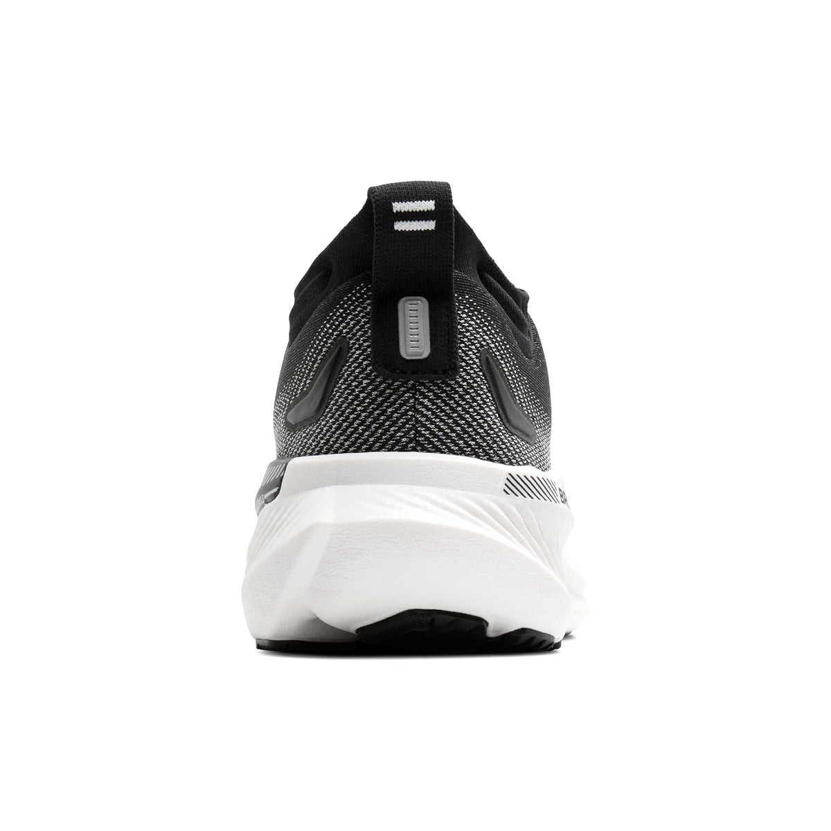 Brooks Glycerin GTS 23 men's running shoe in Black / Grey / White — heel view showing plush padding and ankle collar construction, white heel detailing and grey DNA TUNED foam midsole contrast