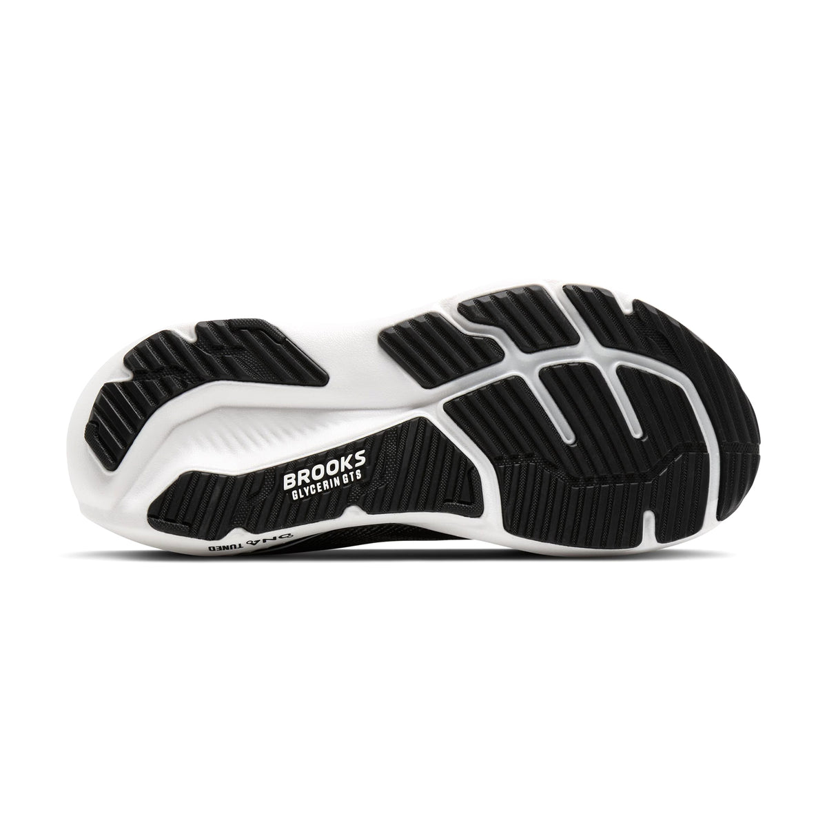 Brooks Glycerin GTS 23 men's running shoe in Black / Grey / White — outsole view showing durable rubber tread pattern and grey DNA TUNED nitrogen-infused foam midsole stack with dual-cell technology profile