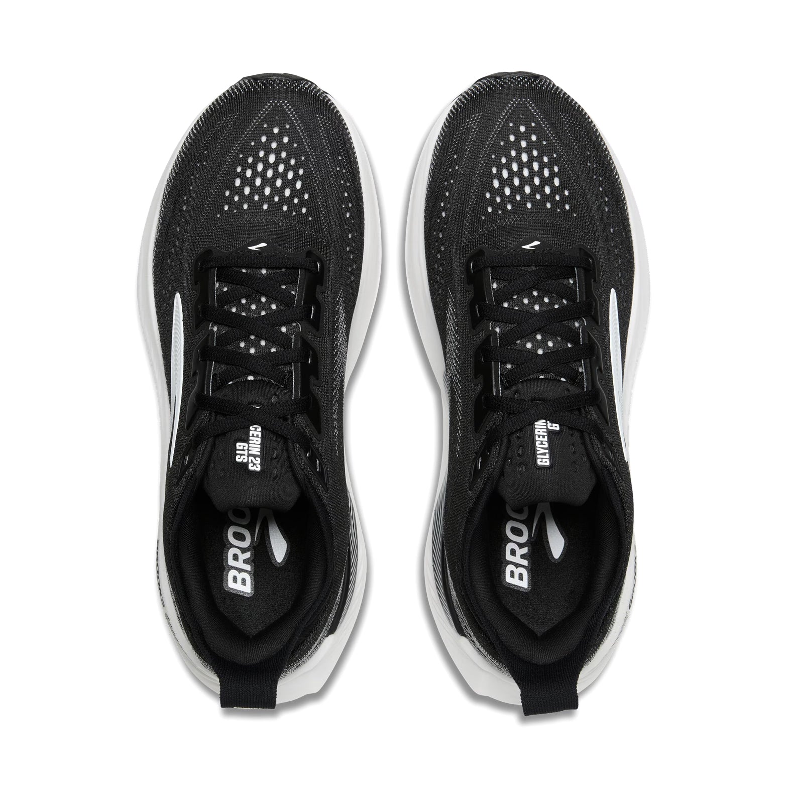 Brooks Glycerin GTS 23 men's running shoe in Black / Grey / White — top-down view showing black triple jacquard warp knit upper construction, lace closure and white accent detailing